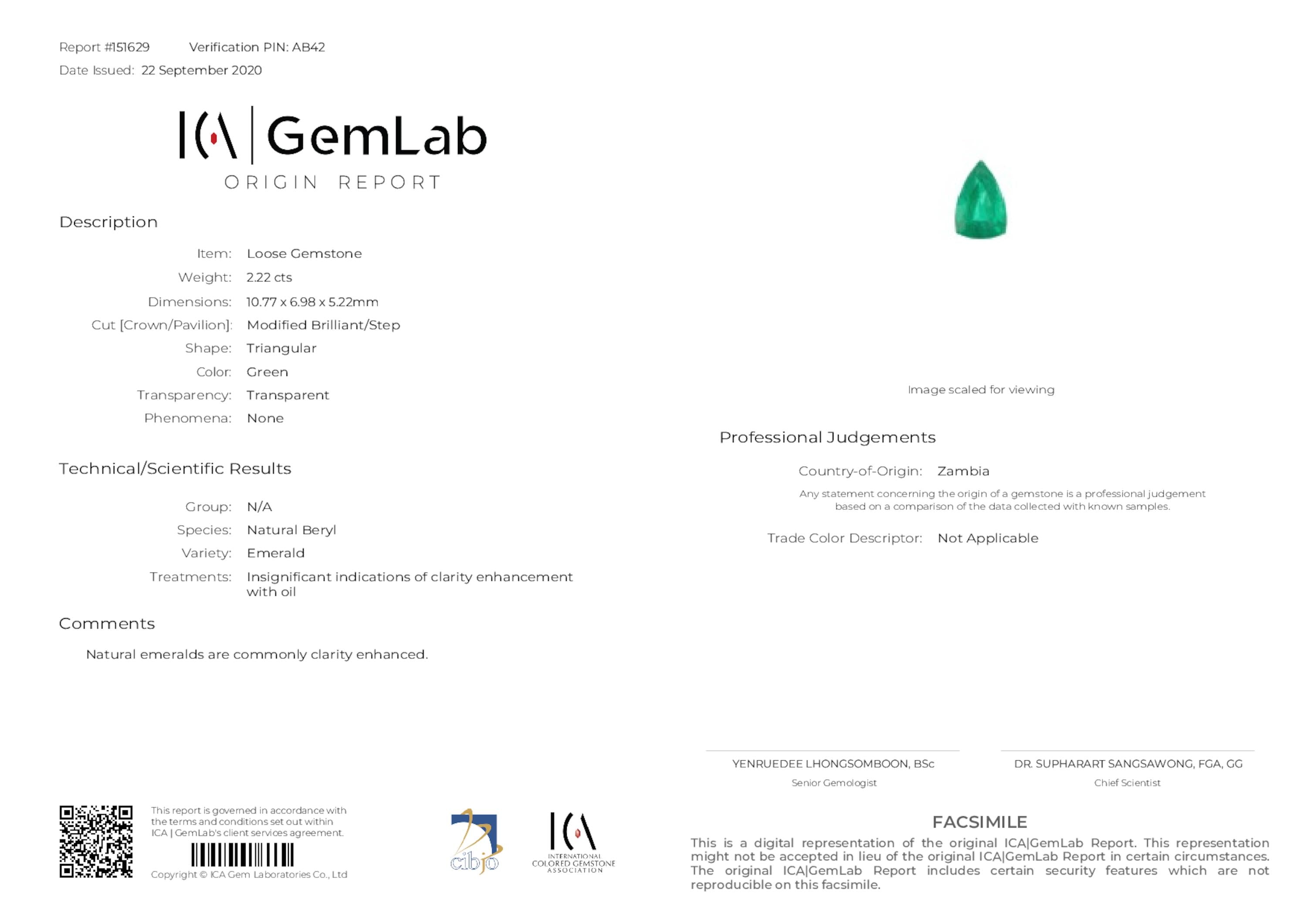 2.22 ct. Triangle Emerald ICA Insignificant