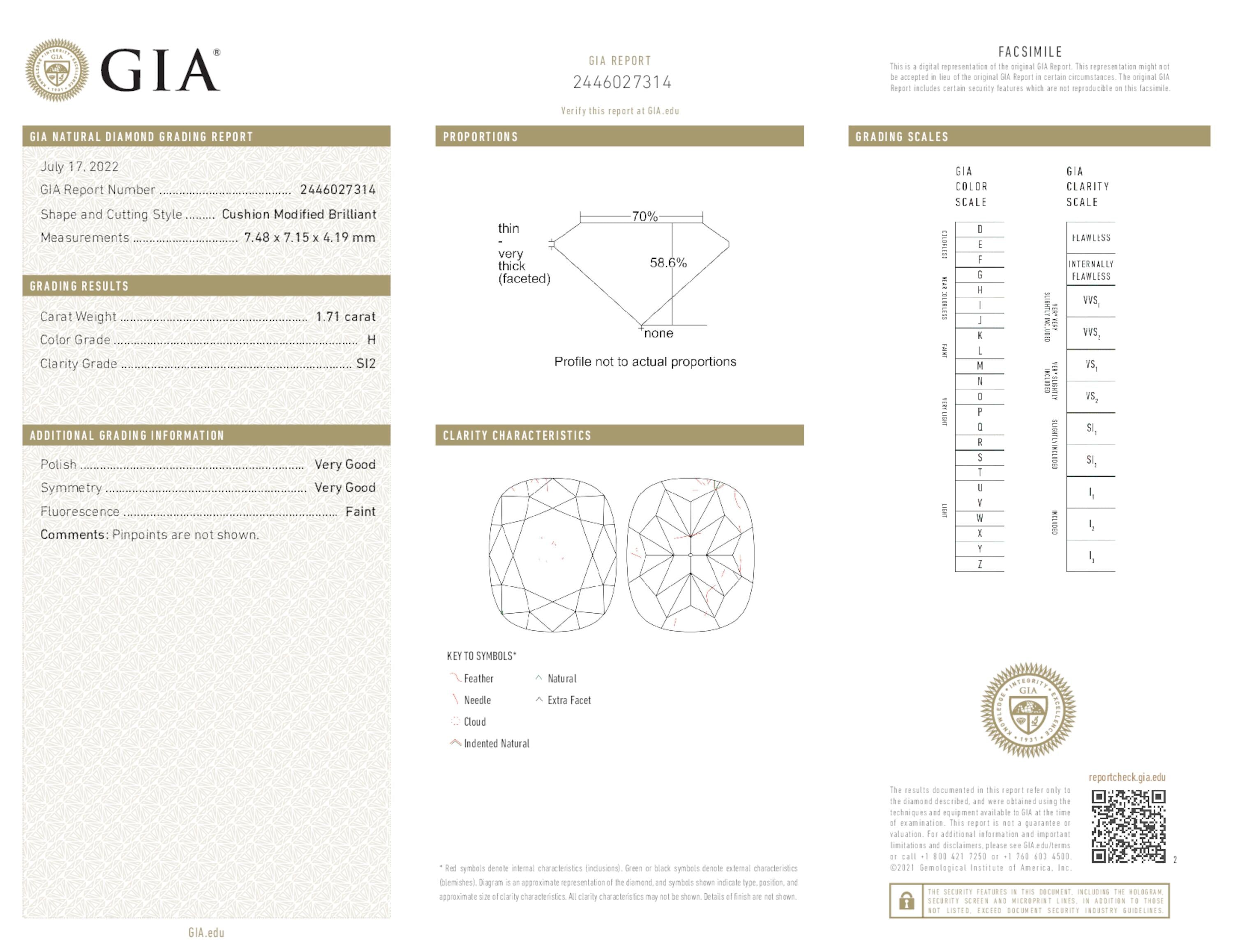 1.71 ct. Cushion Diamond H SI2 Faint GIA