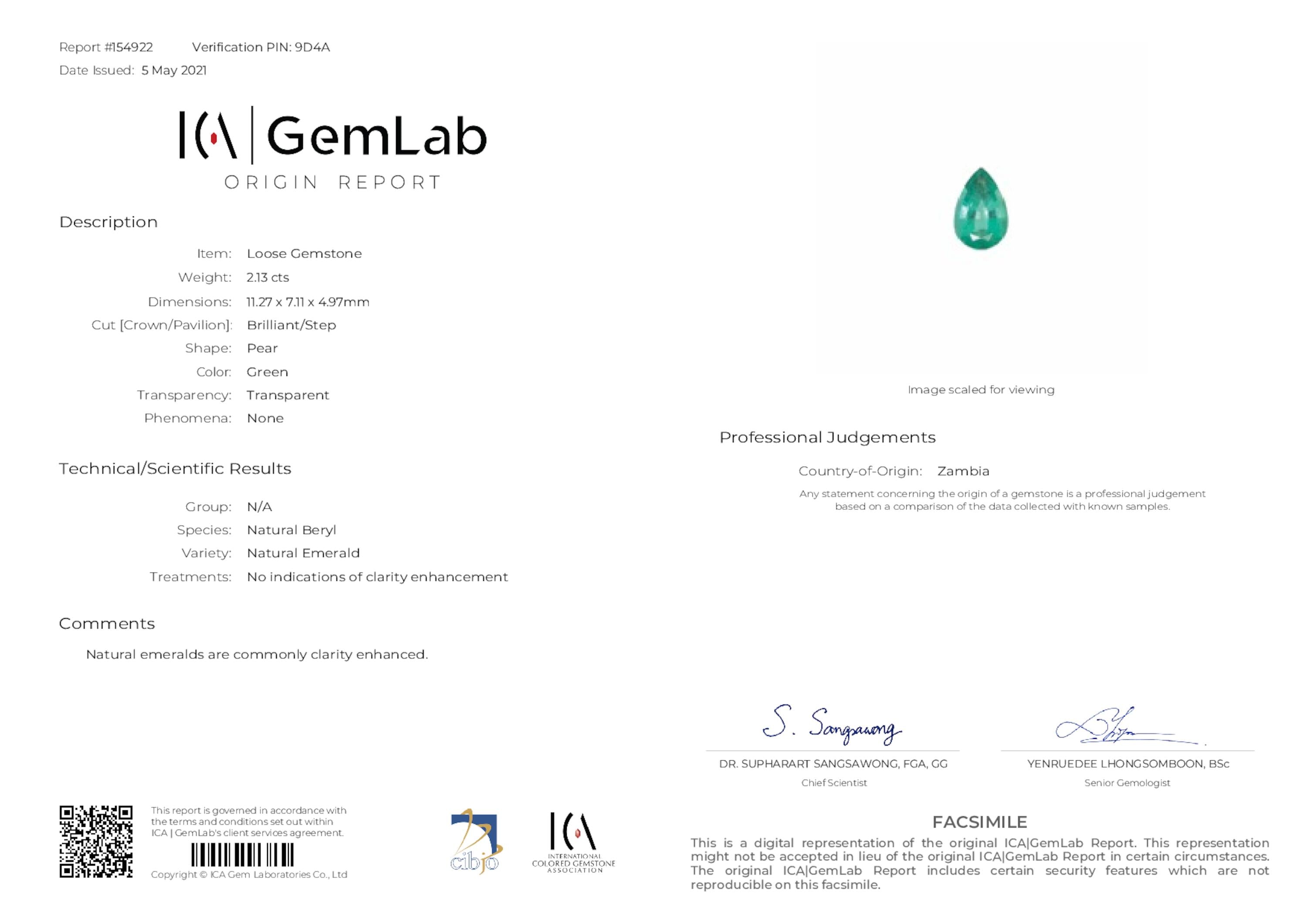 2.13 ct. Pear Shape Emerald ICA No Oil