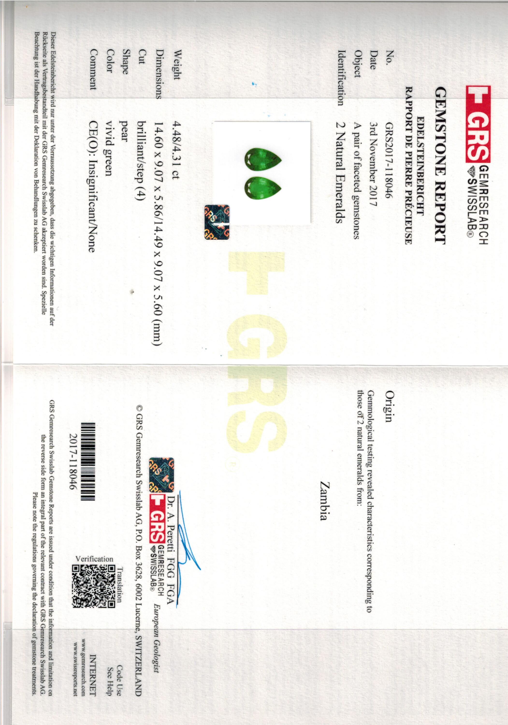 4.31 ct. Pear Shape Emerald GRS No Oil