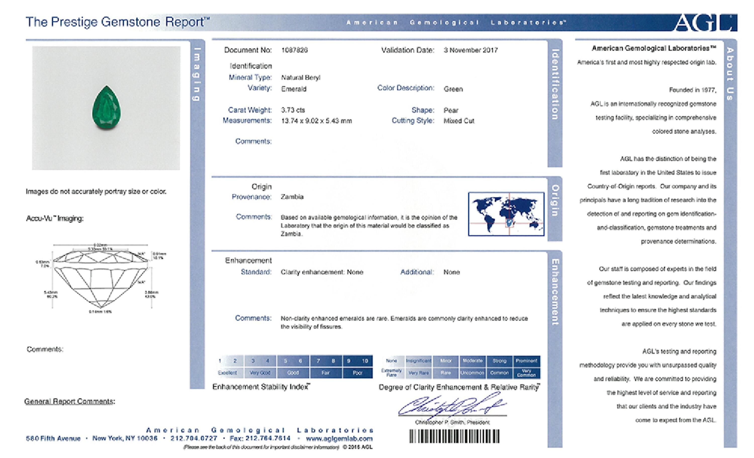 3.73 ct. Pear Shape Emerald AGL No Oil