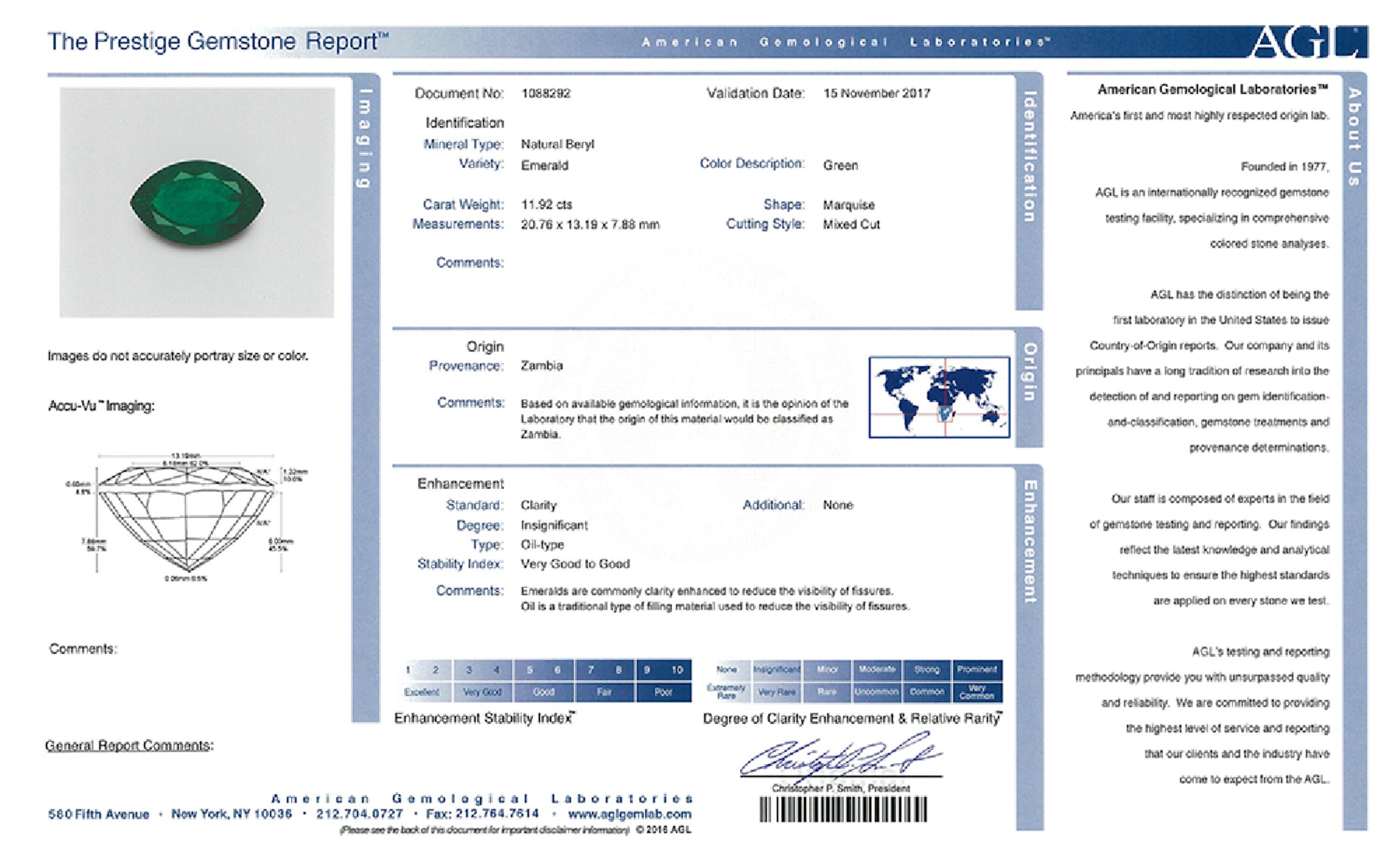 11.92 ct. Marquise Emerald AGL Insignificant