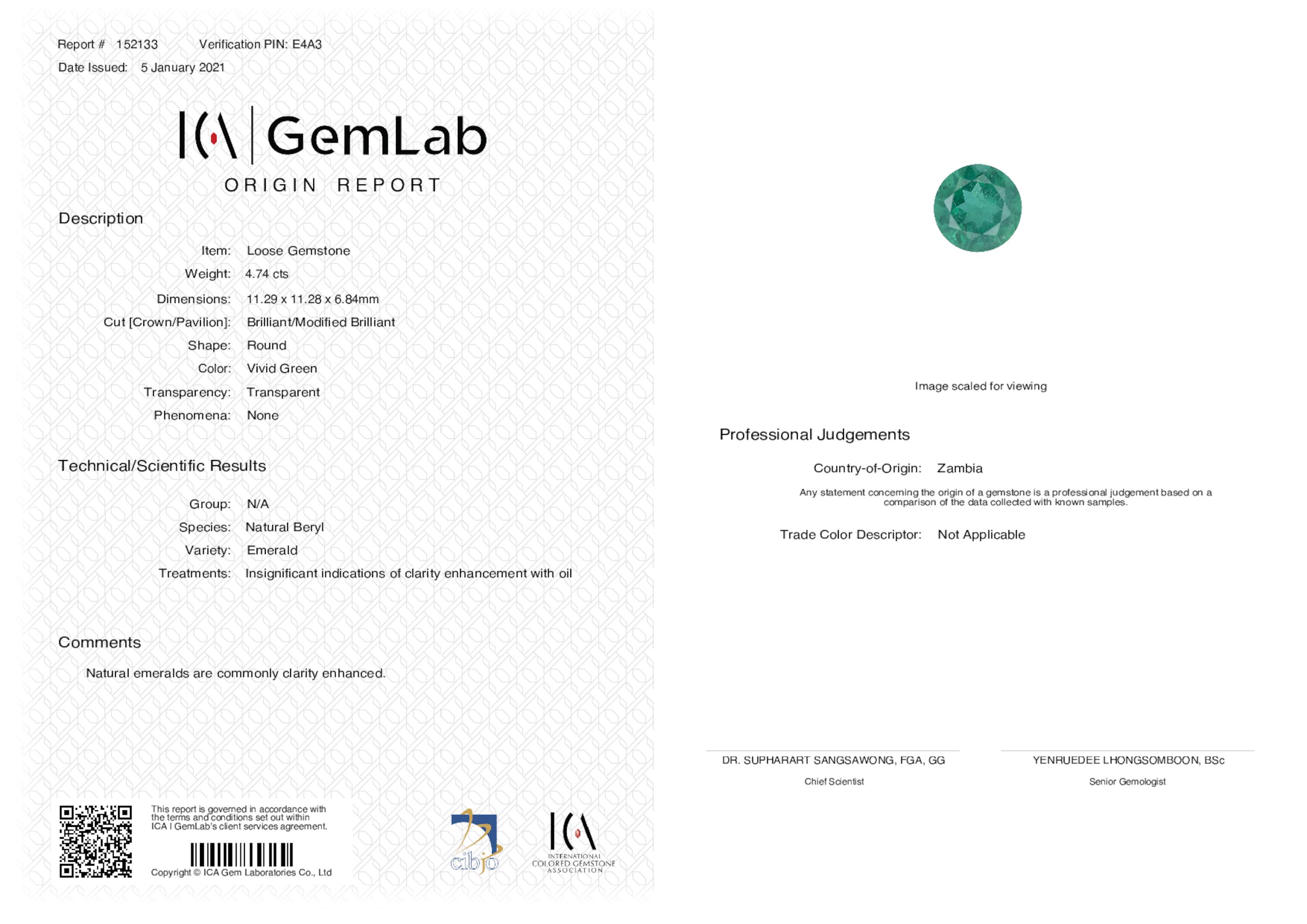 4.74 ct. Round Brilliant Emerald ICA Insignificant