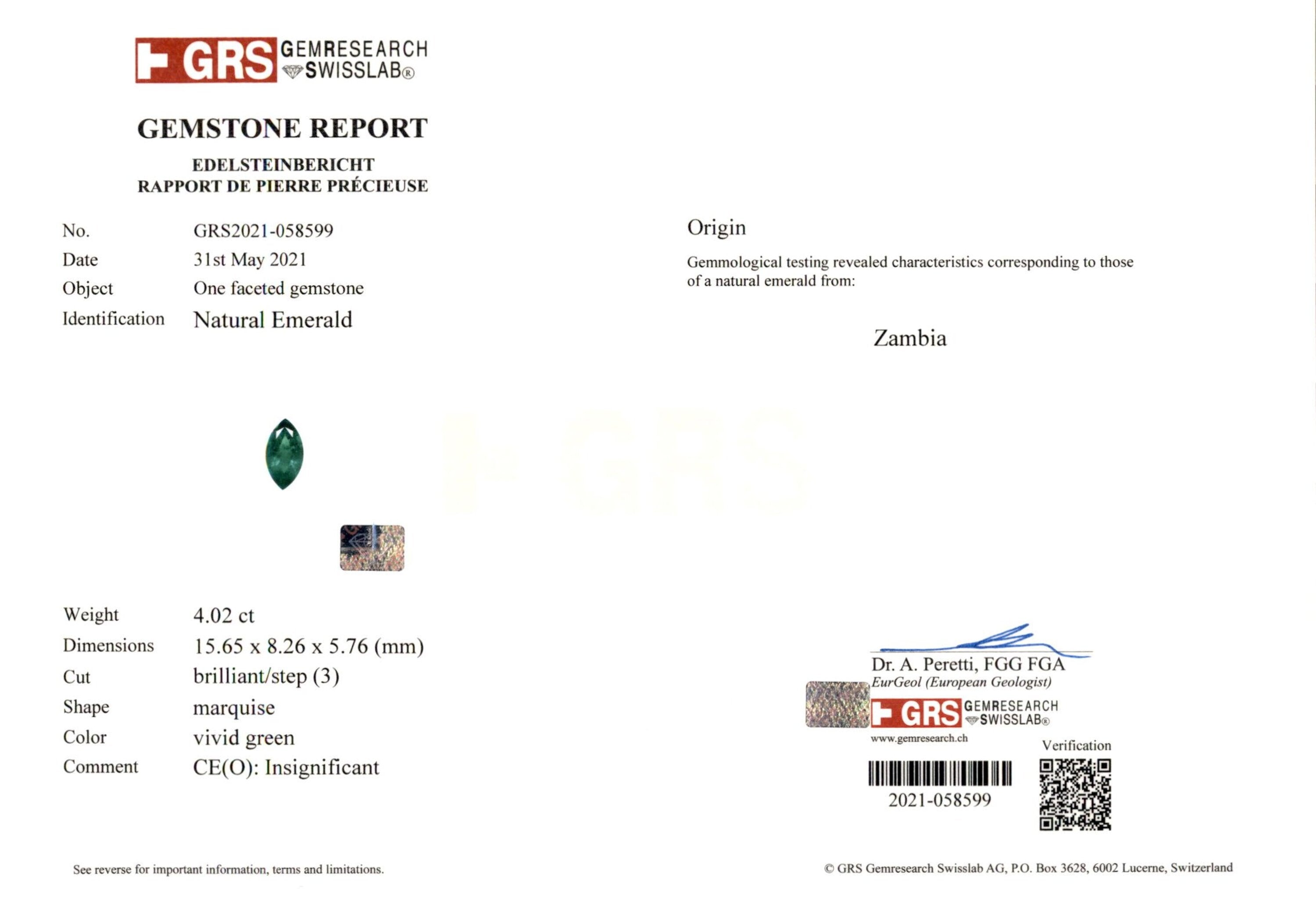 4.02 ct. Marquise Emerald GRS Insignificant