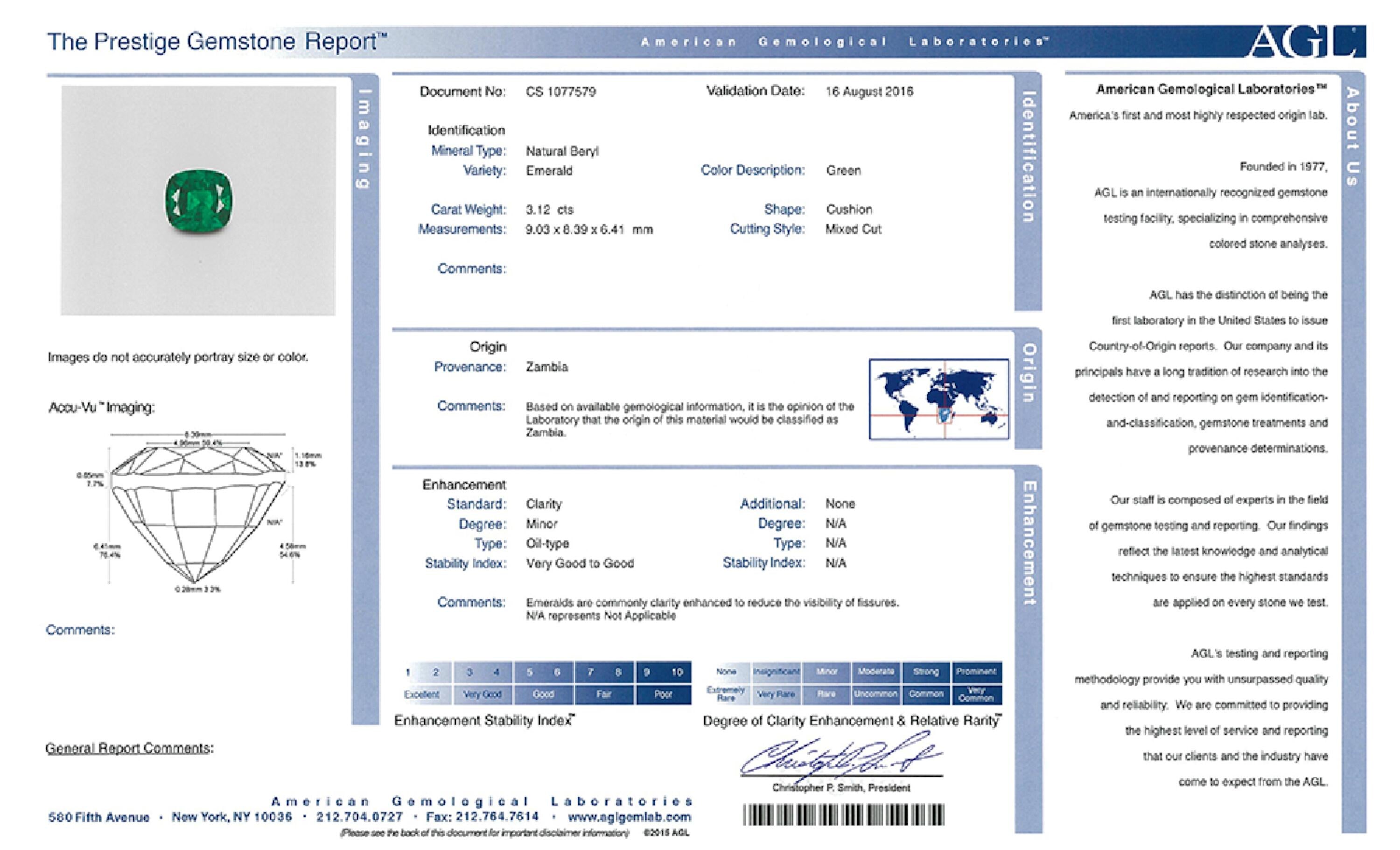 3.12 ct. Cushion Emerald AGL Minor