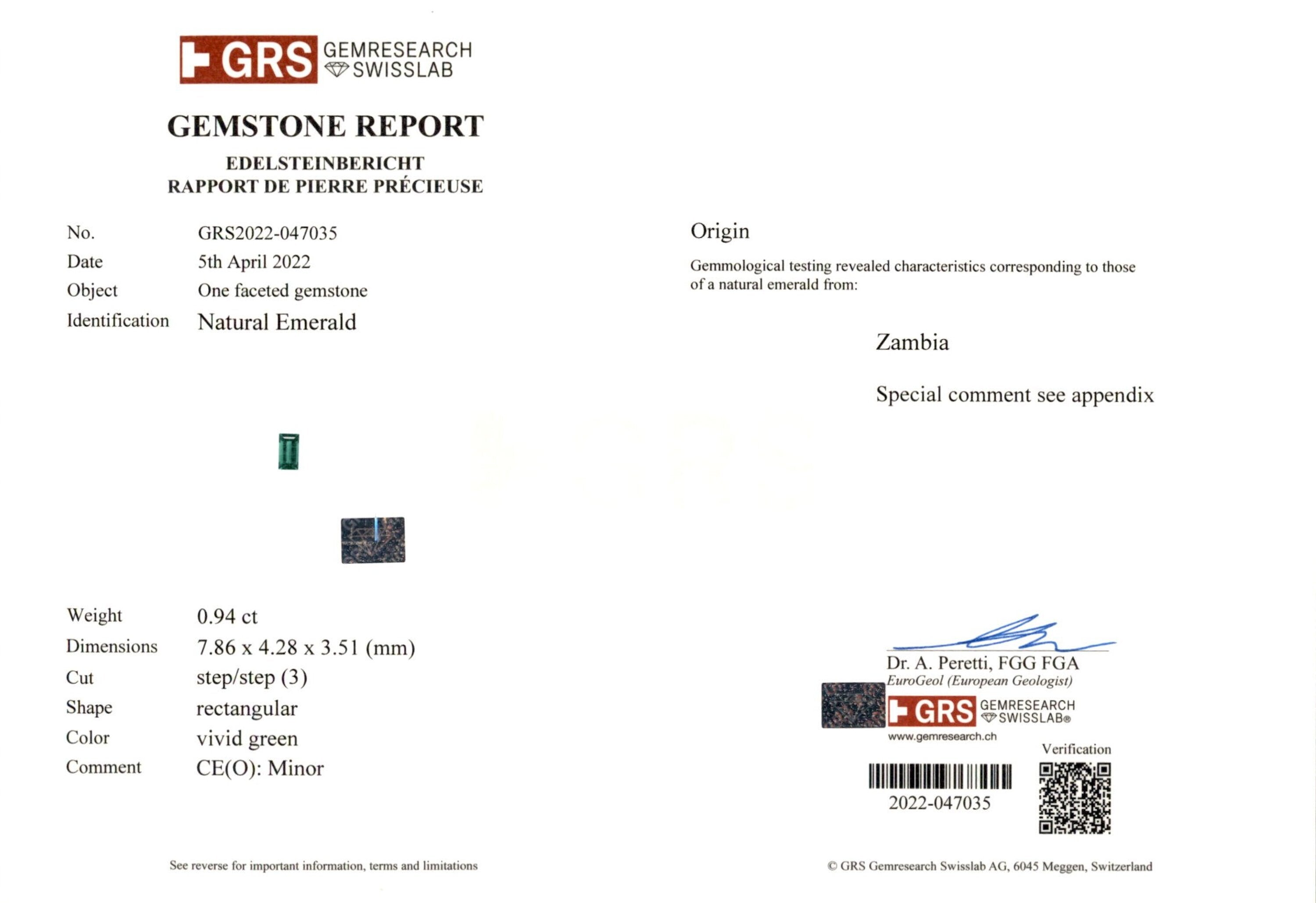 0.94 ct. Baguette Emerald GRS Minor