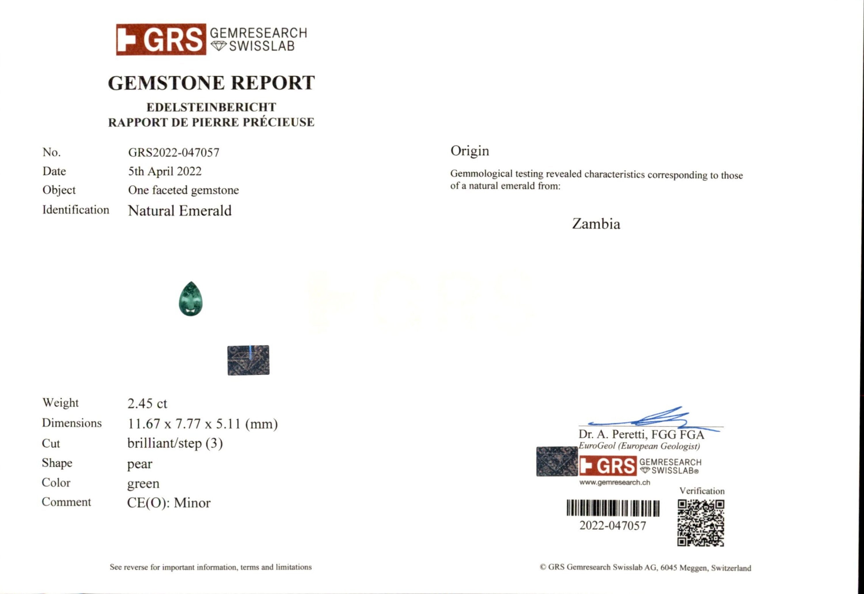 2.45 ct. Pear Shape Emerald GRS Minor