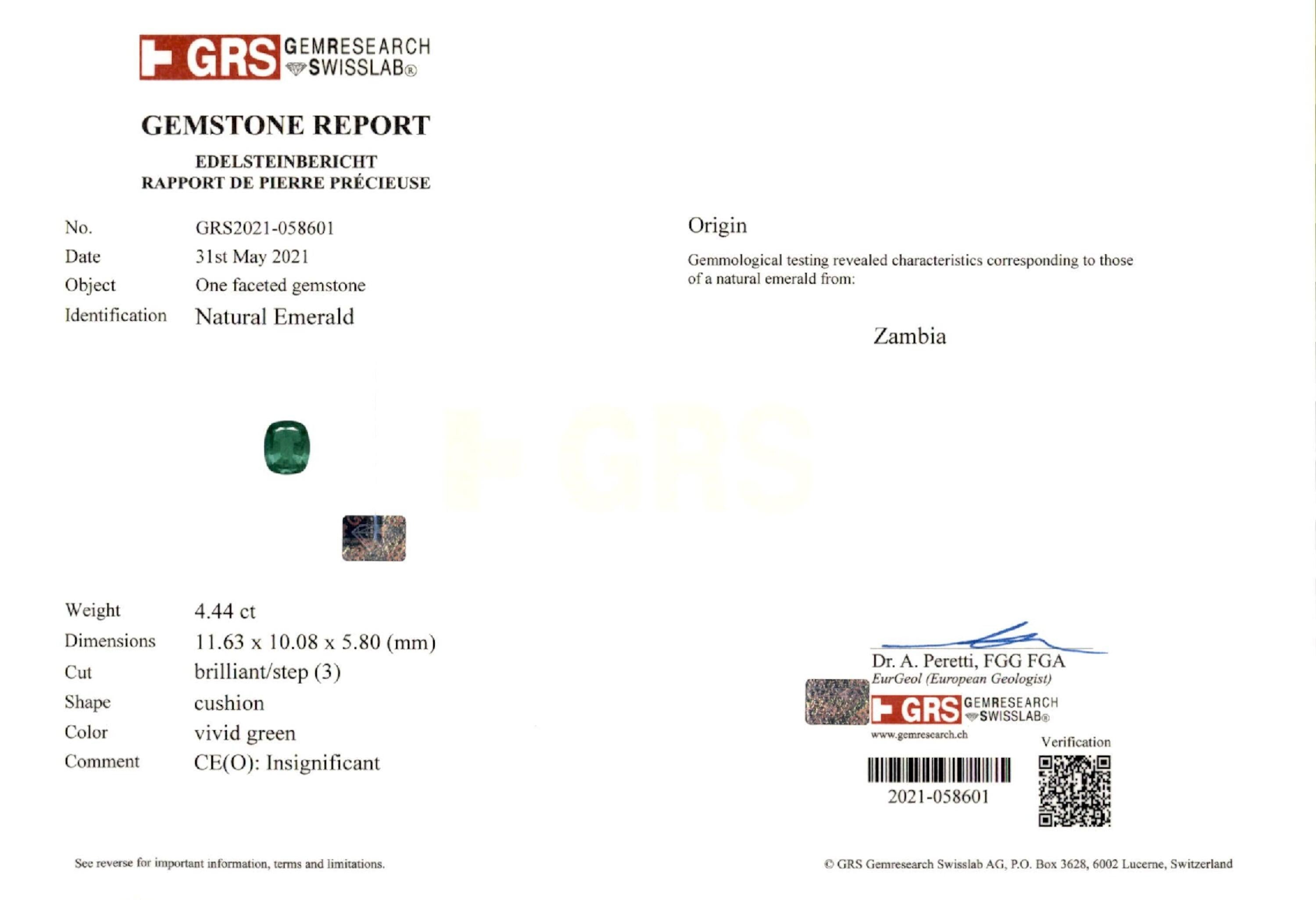 4.44 ct. Cushion Emerald GRS Insignificant