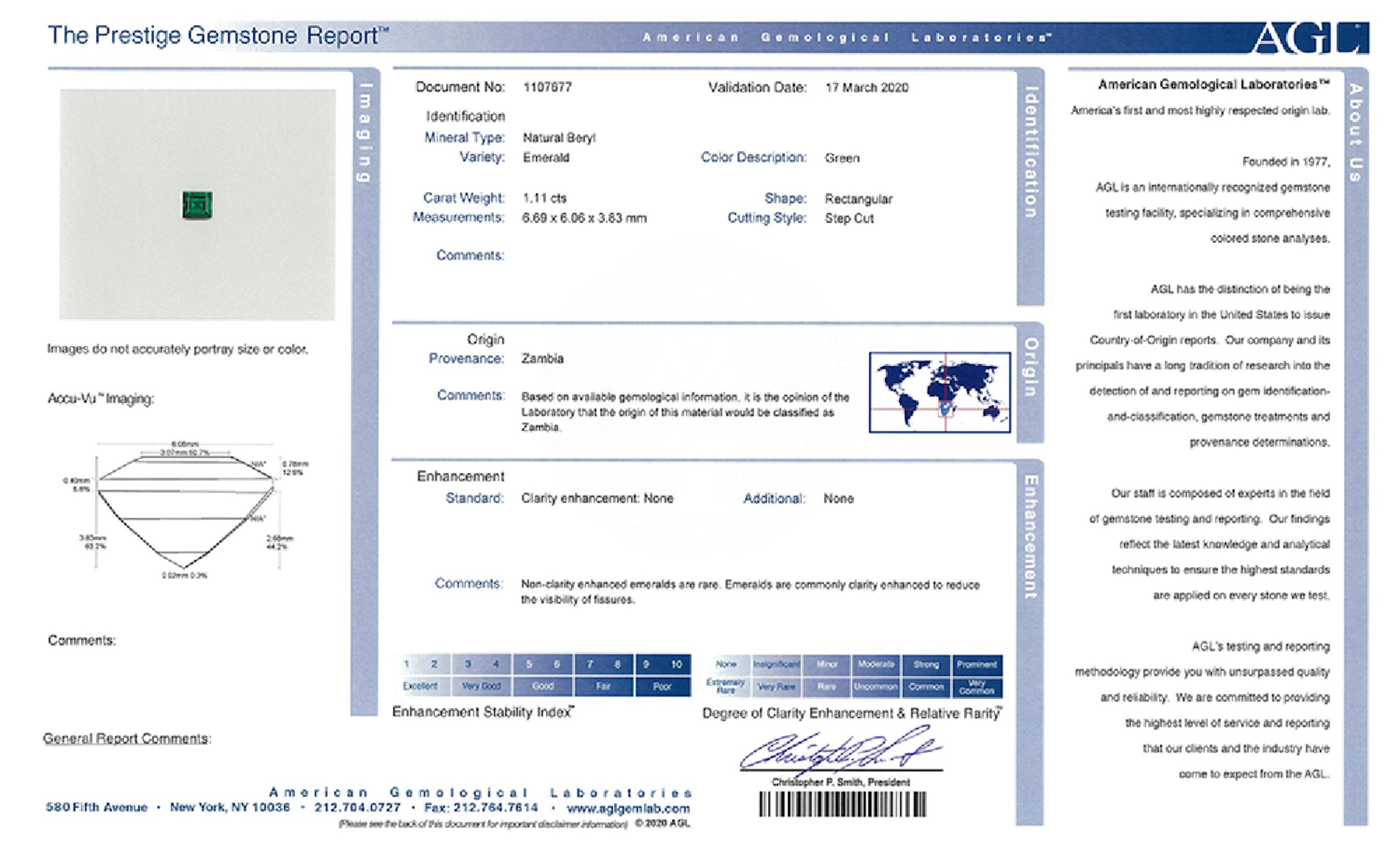 1.11 ct. Square Emerald AGL No Oil