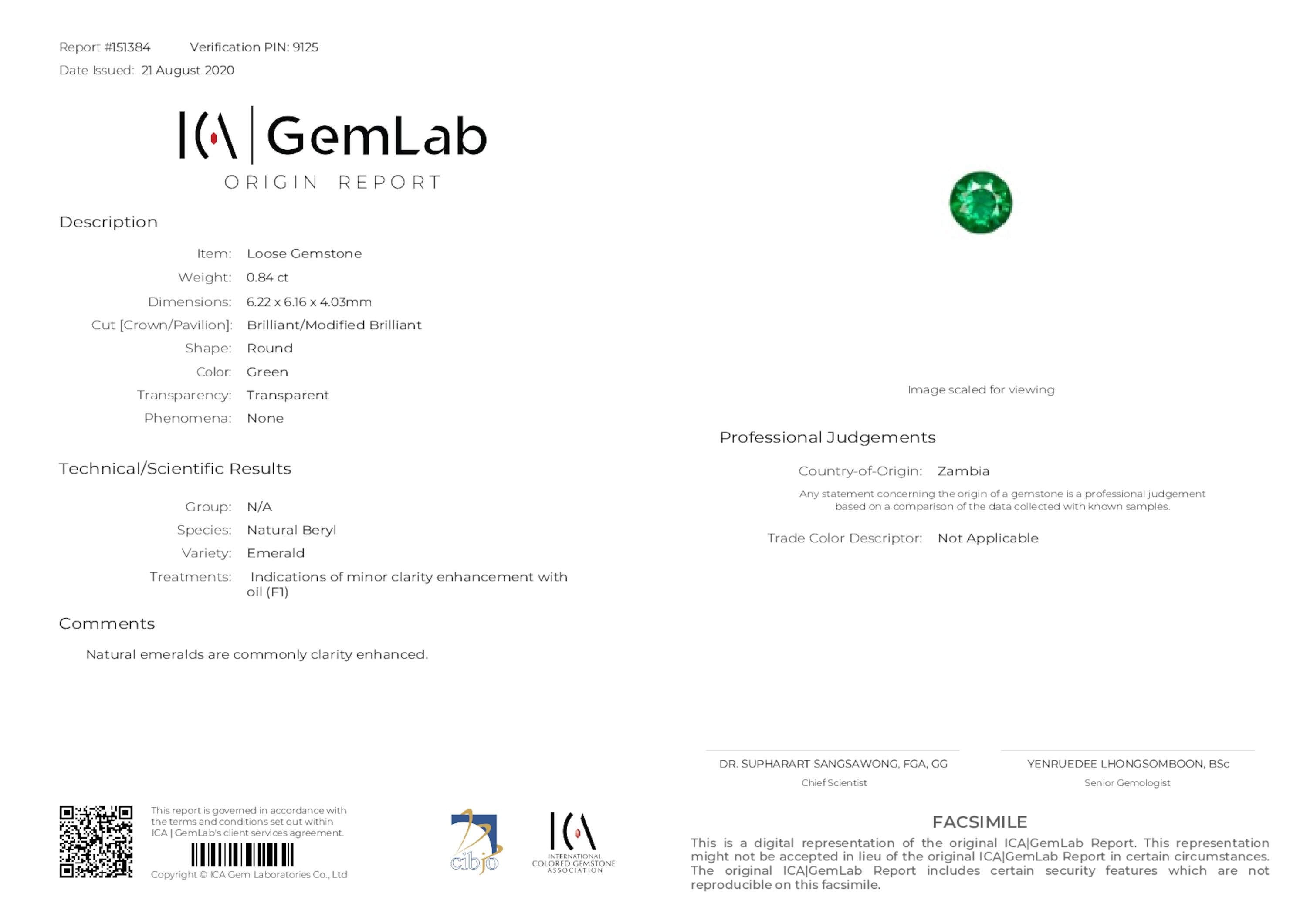 0.84 ct. Round Brilliant Emerald ICA Minor