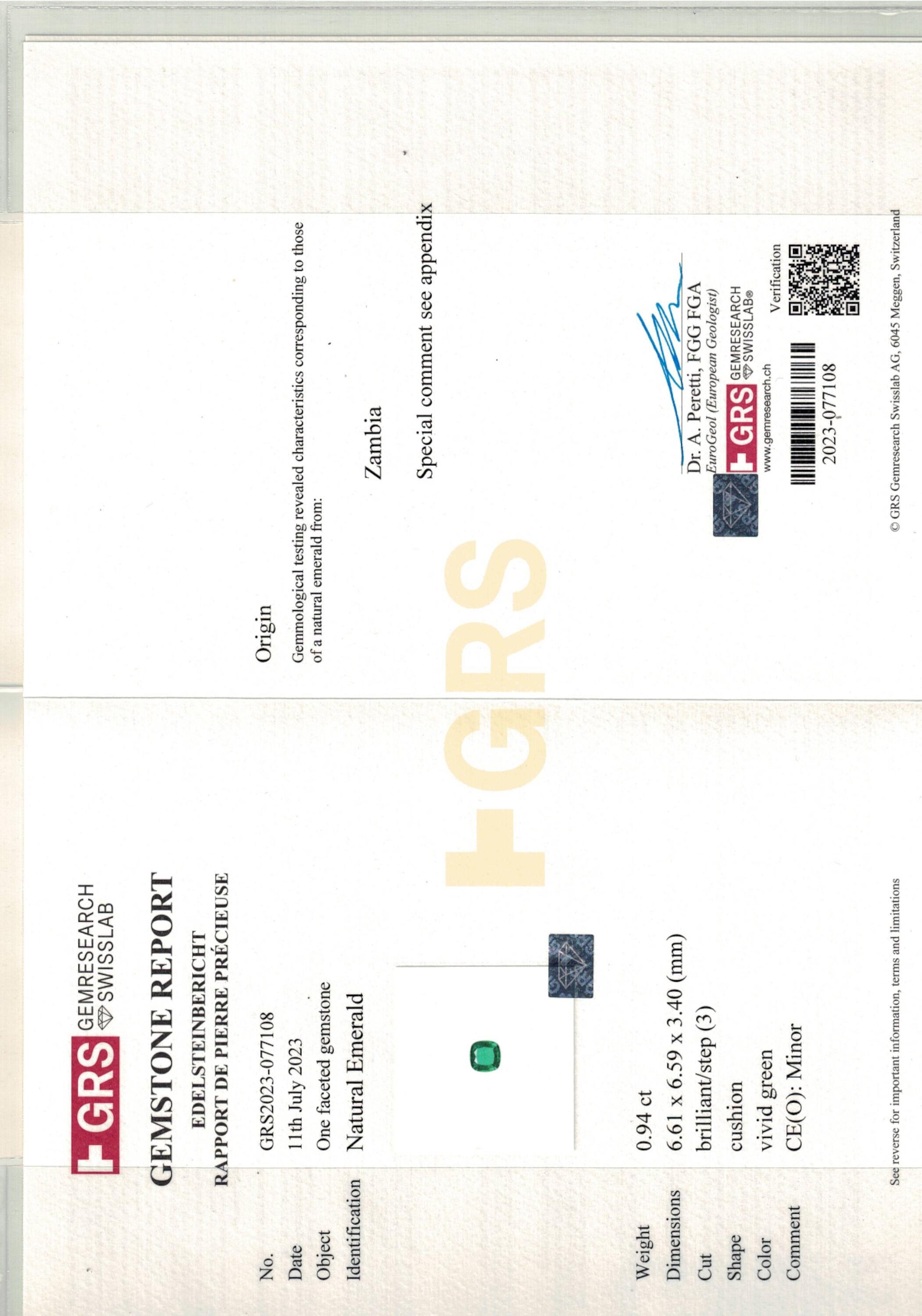 0.94 ct. Cushion Emerald GRS Minor