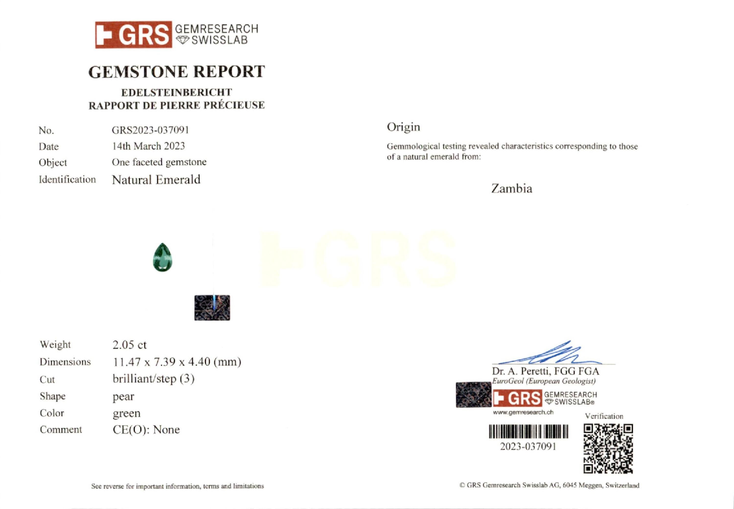 2.05 ct. Pear Shape Emerald GRS No Oil