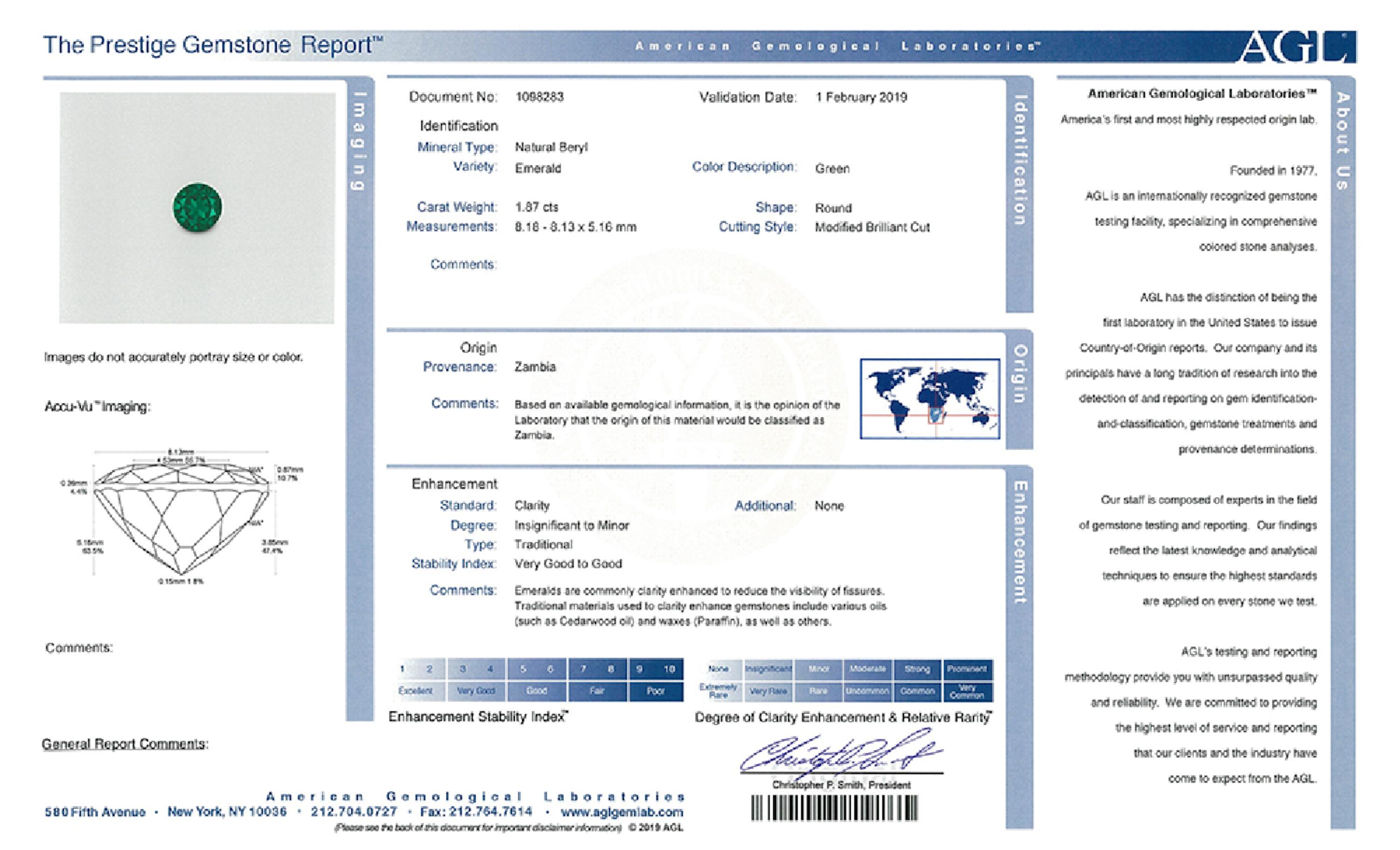 1.87 ct. Round Brilliant Emerald AGL Insignificant to Minor