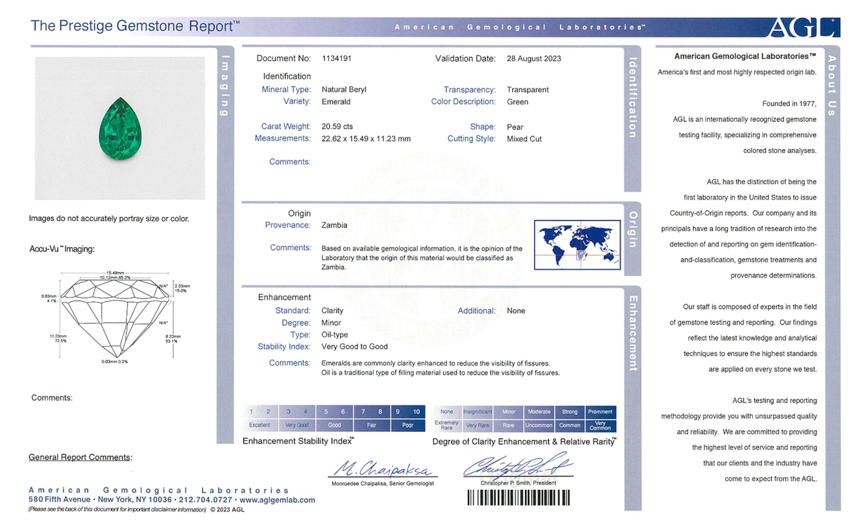 20.59 ct. Pear Shape Emerald AGL Minor