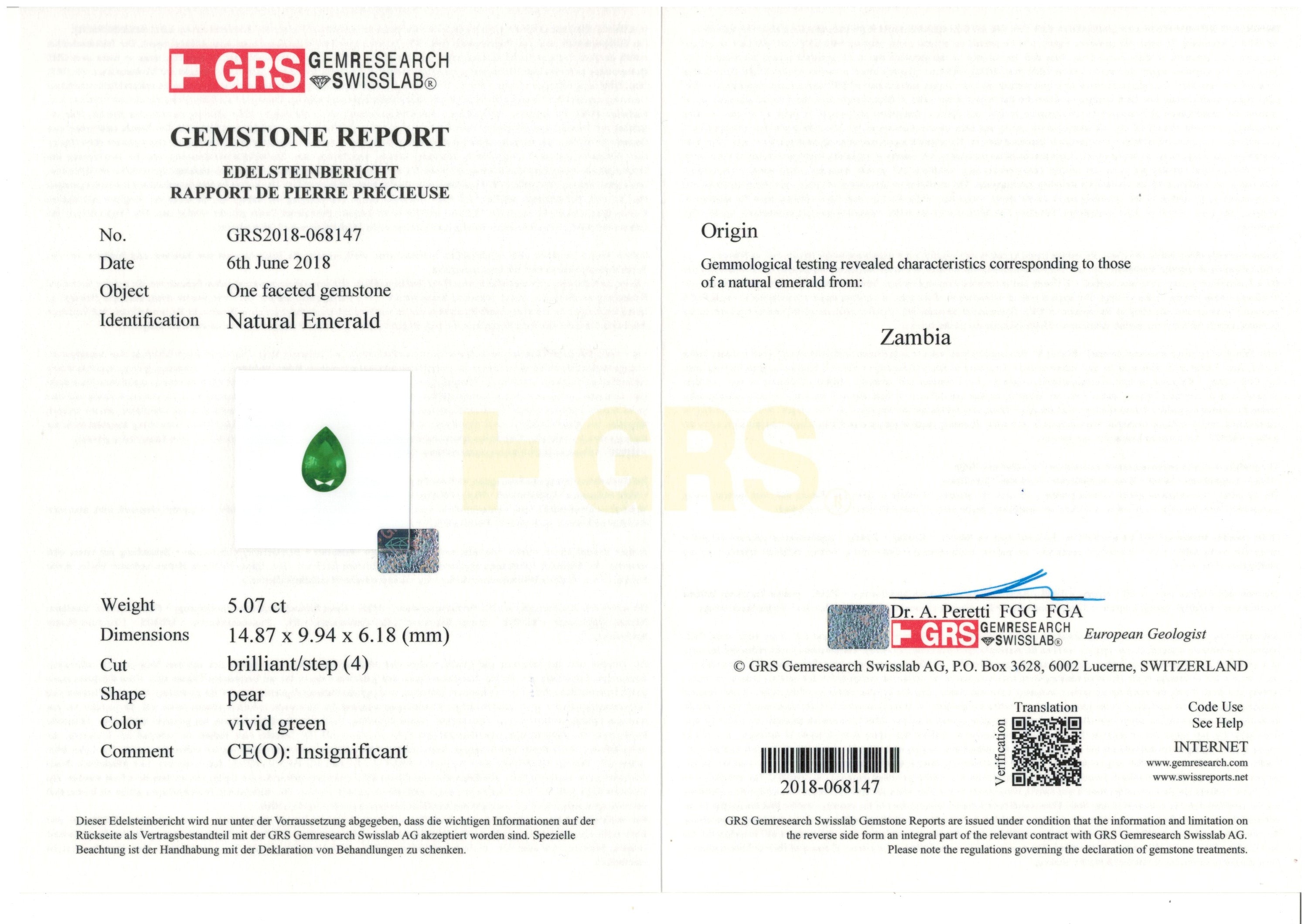 5.07 ct. Pear Shape Emerald GRS Insignificant