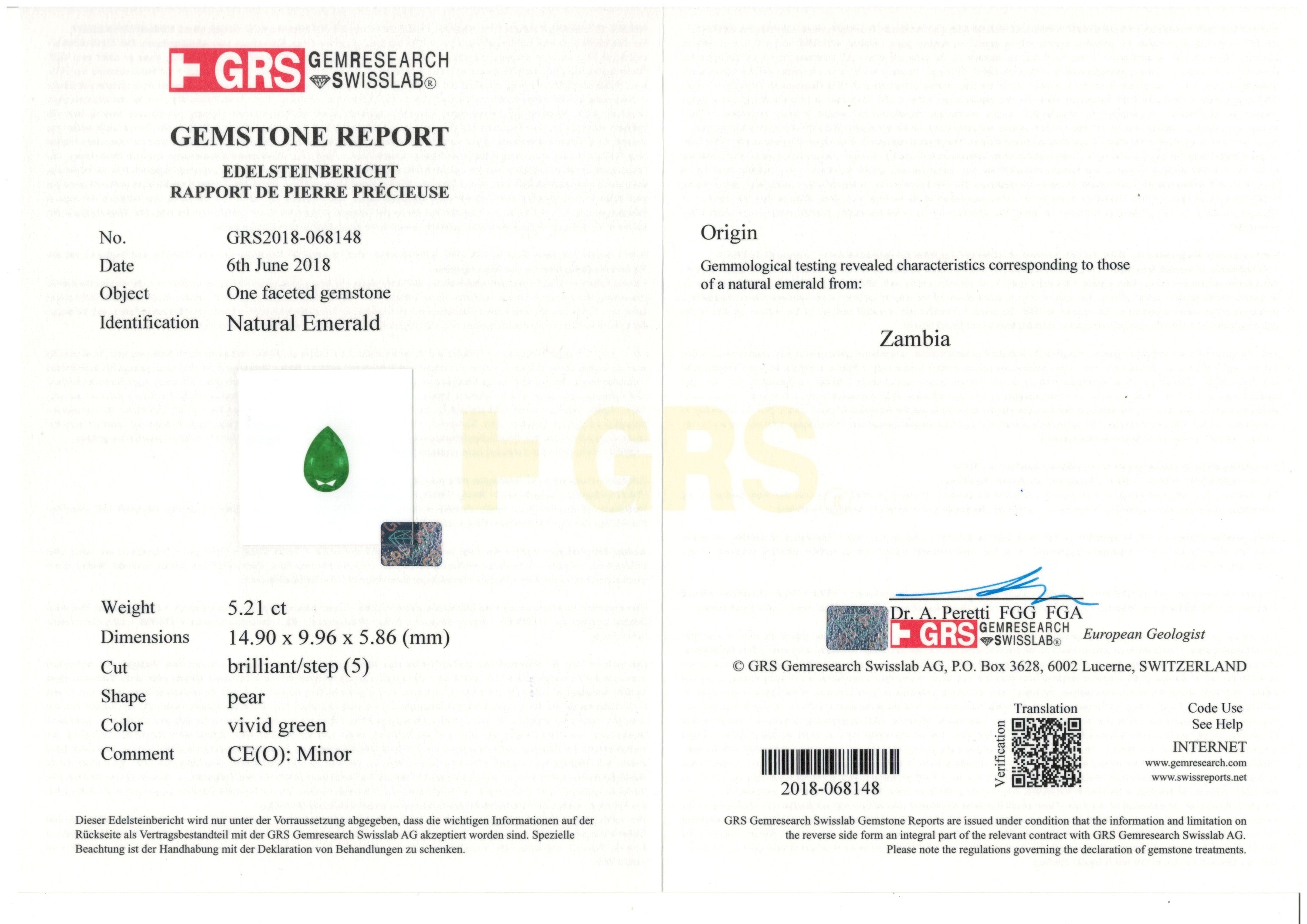 5.21 ct. Pear Shape Emerald GRS Minor