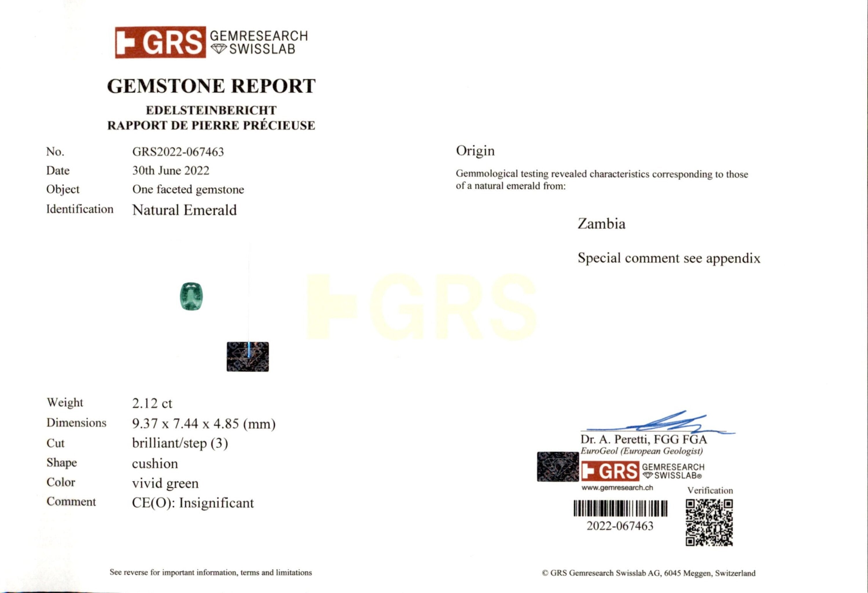 2.12 ct. Cushion Emerald GRS Insignificant