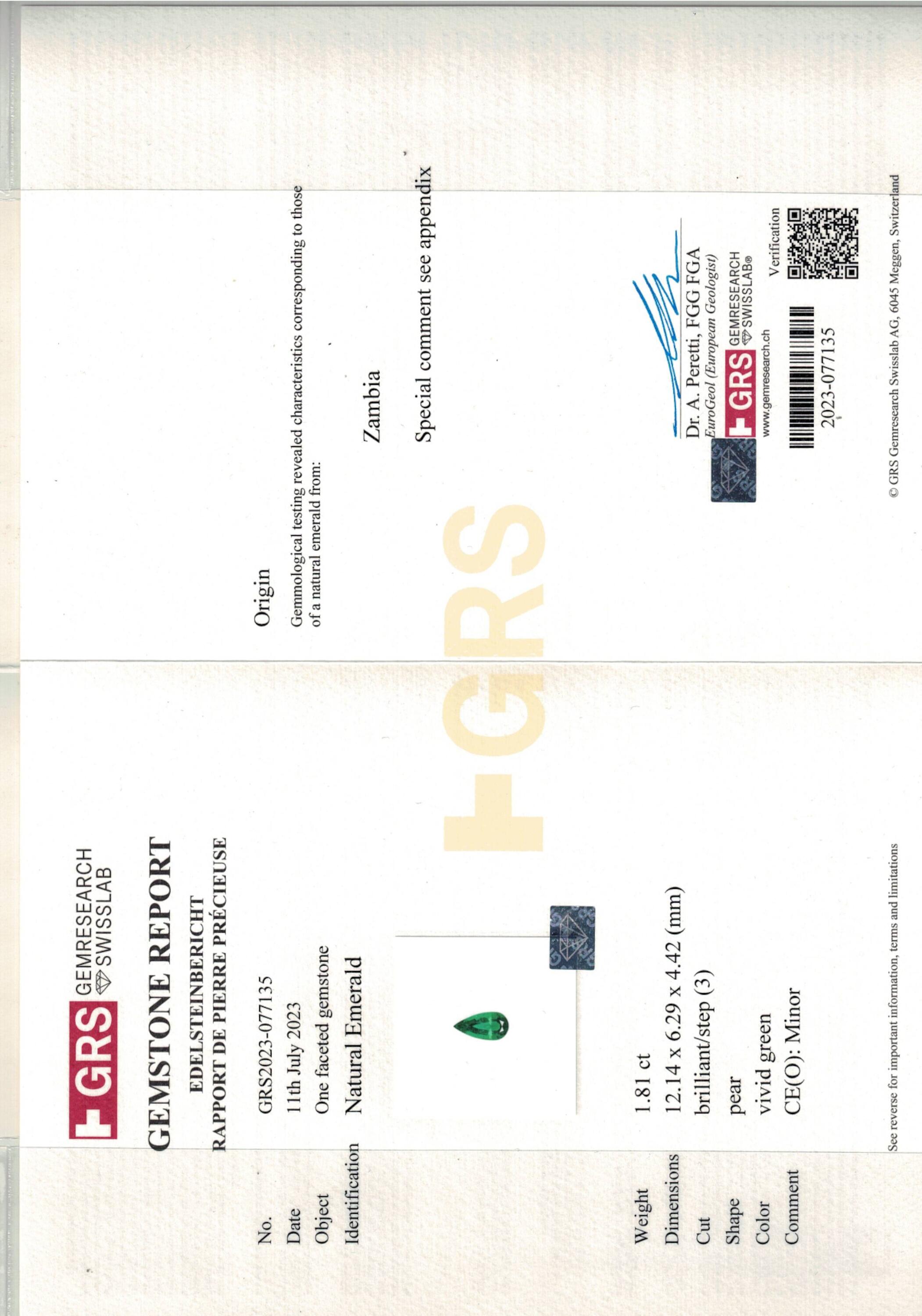 1.81 ct. Pear Shape Emerald GRS Minor