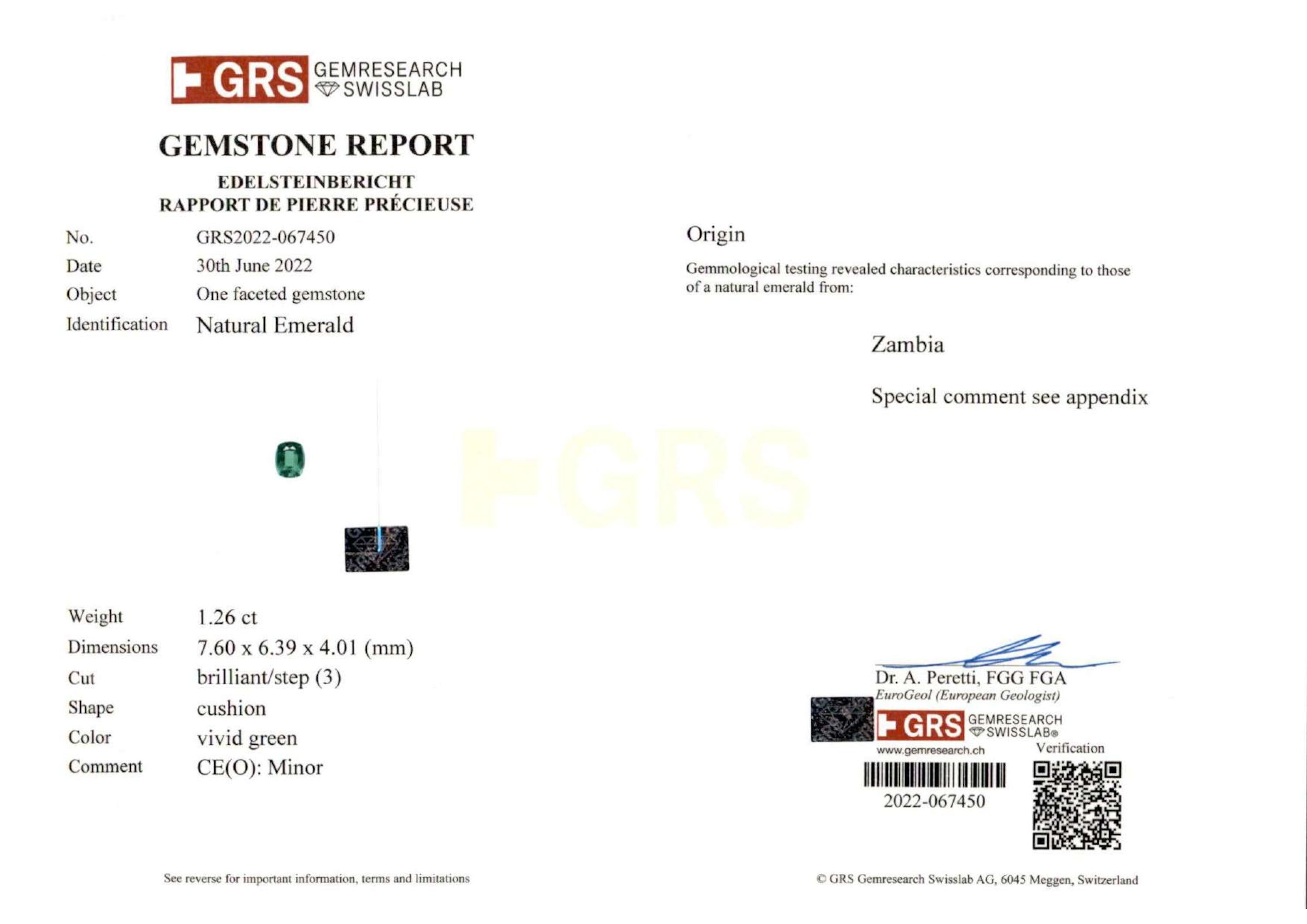 1.26 ct. Cushion Emerald GRS Minor