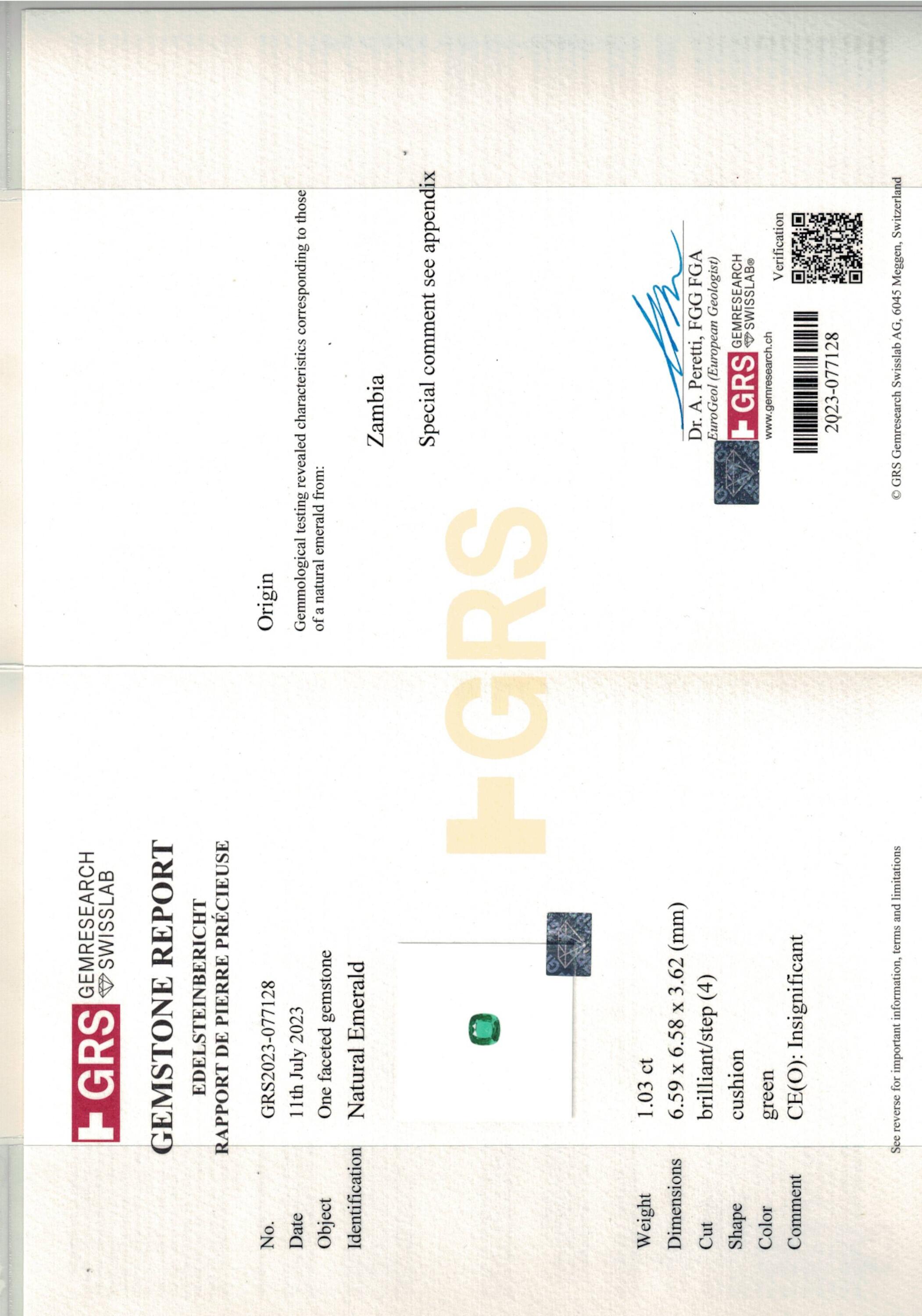 1.03 ct. Cushion Emerald GRS Insignificant