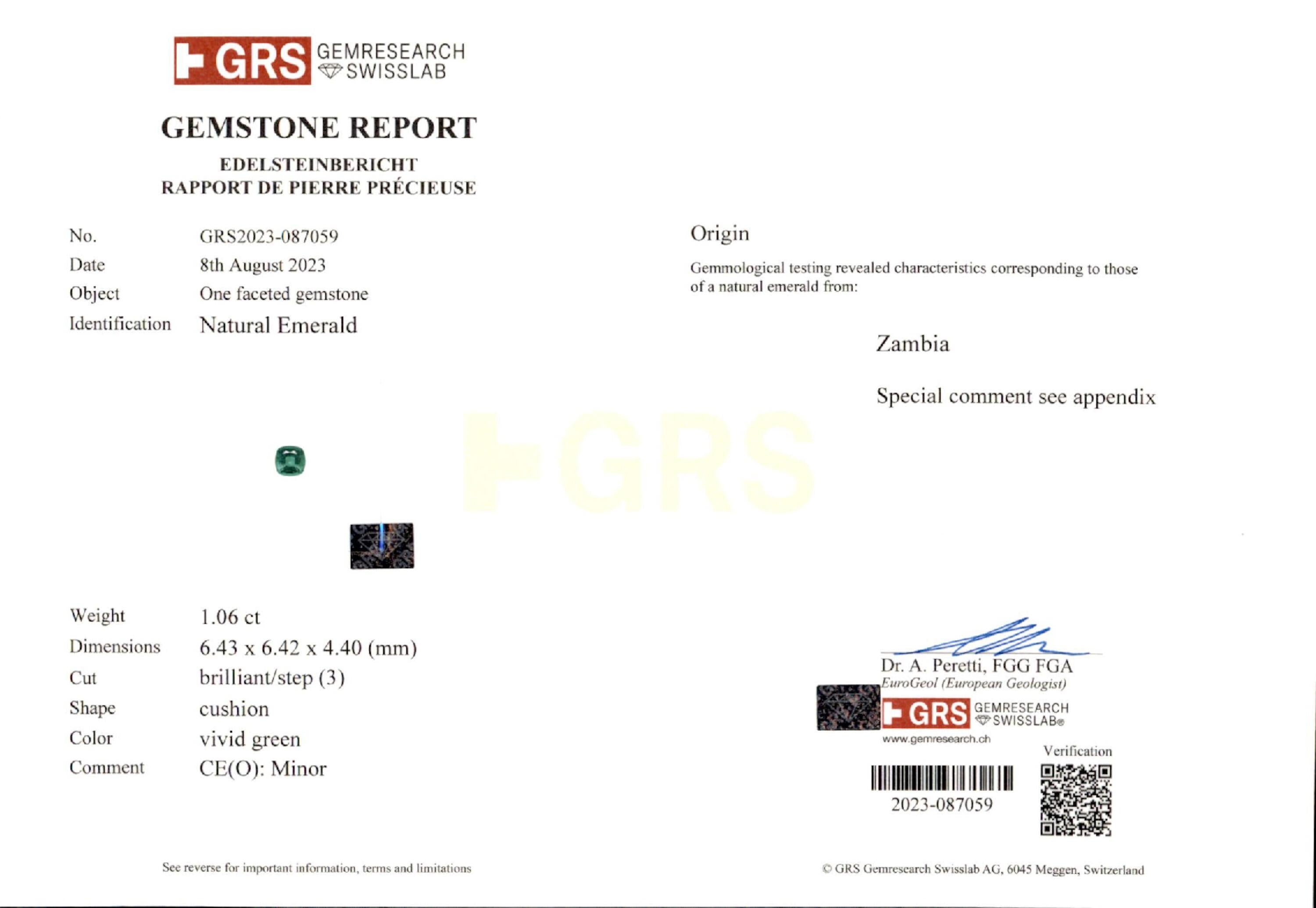 1.06 ct. Cushion Emerald GRS Minor