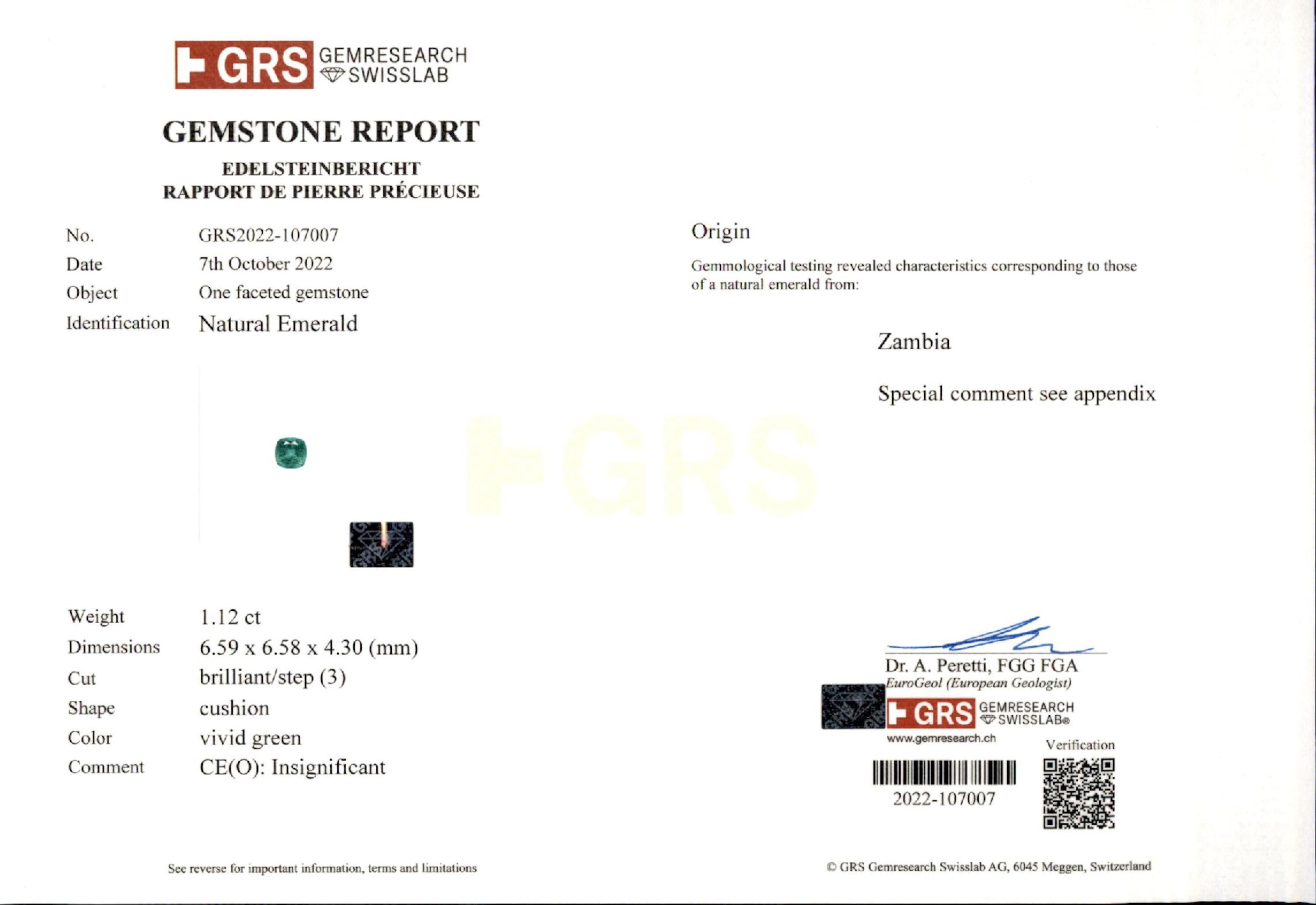 1.13 ct. Cushion Emerald GRS Insignificant