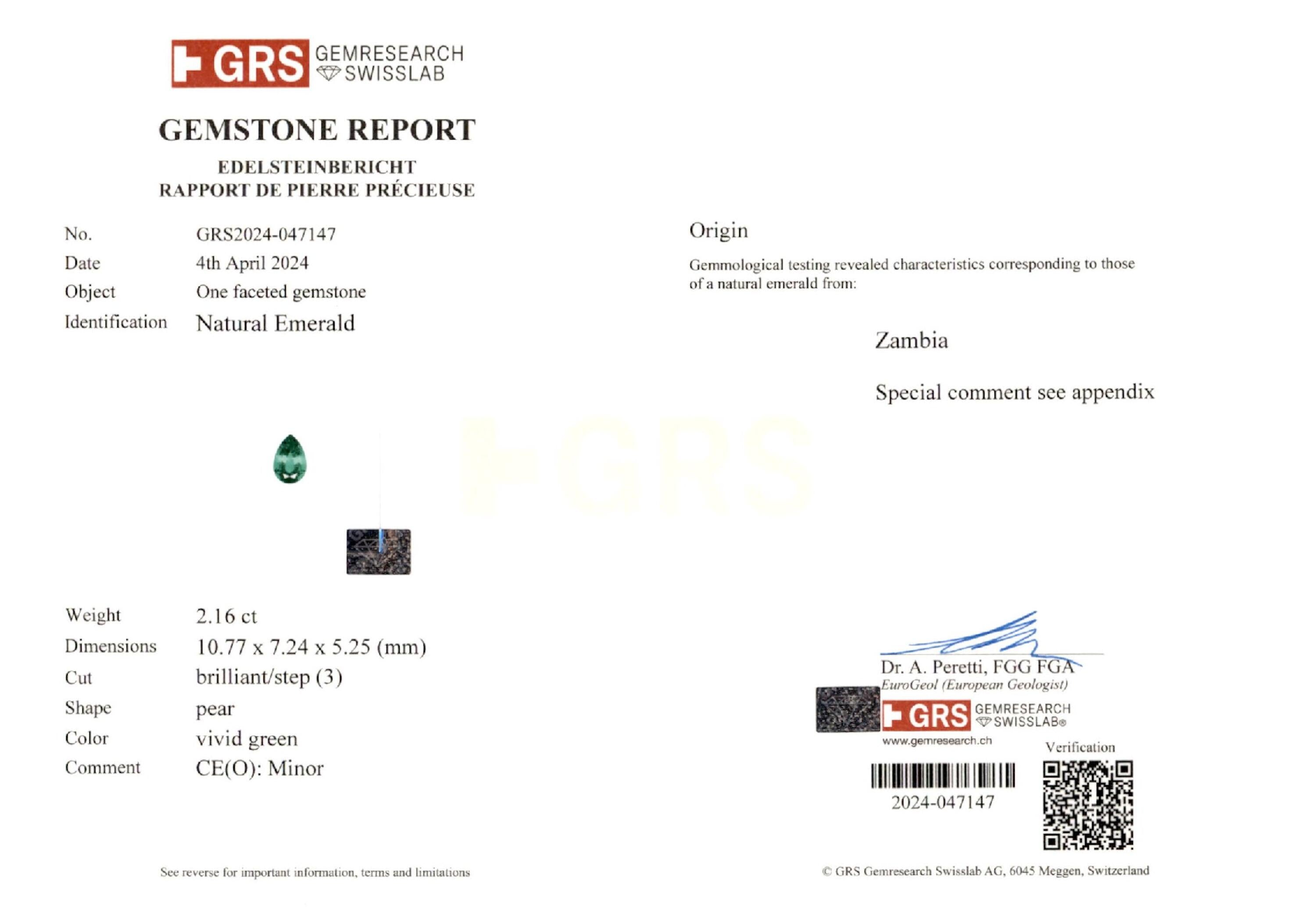 2.16 ct. Pear Shape Emerald GRS Minor