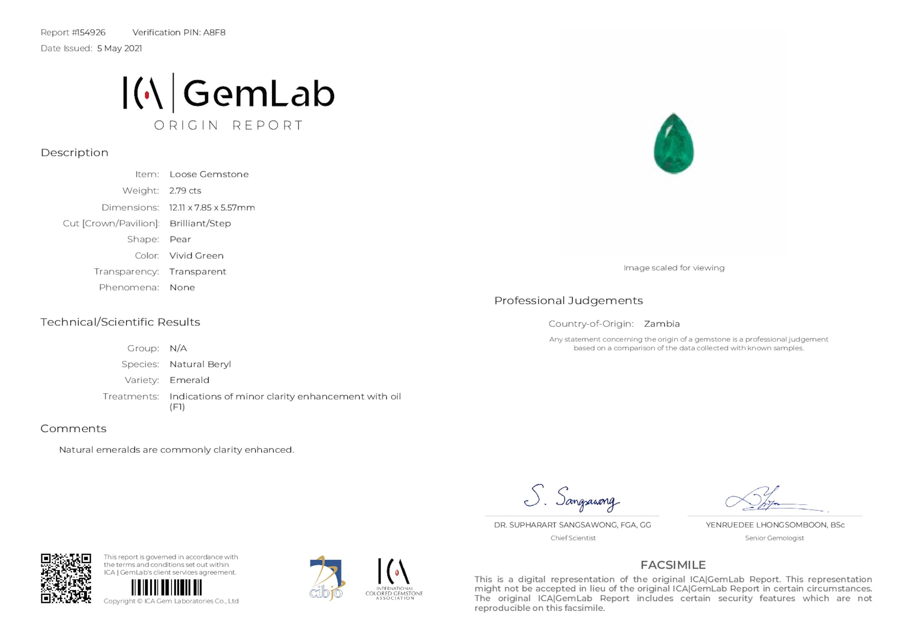 2.79 ct. Pear Shape Emerald ICA Minor