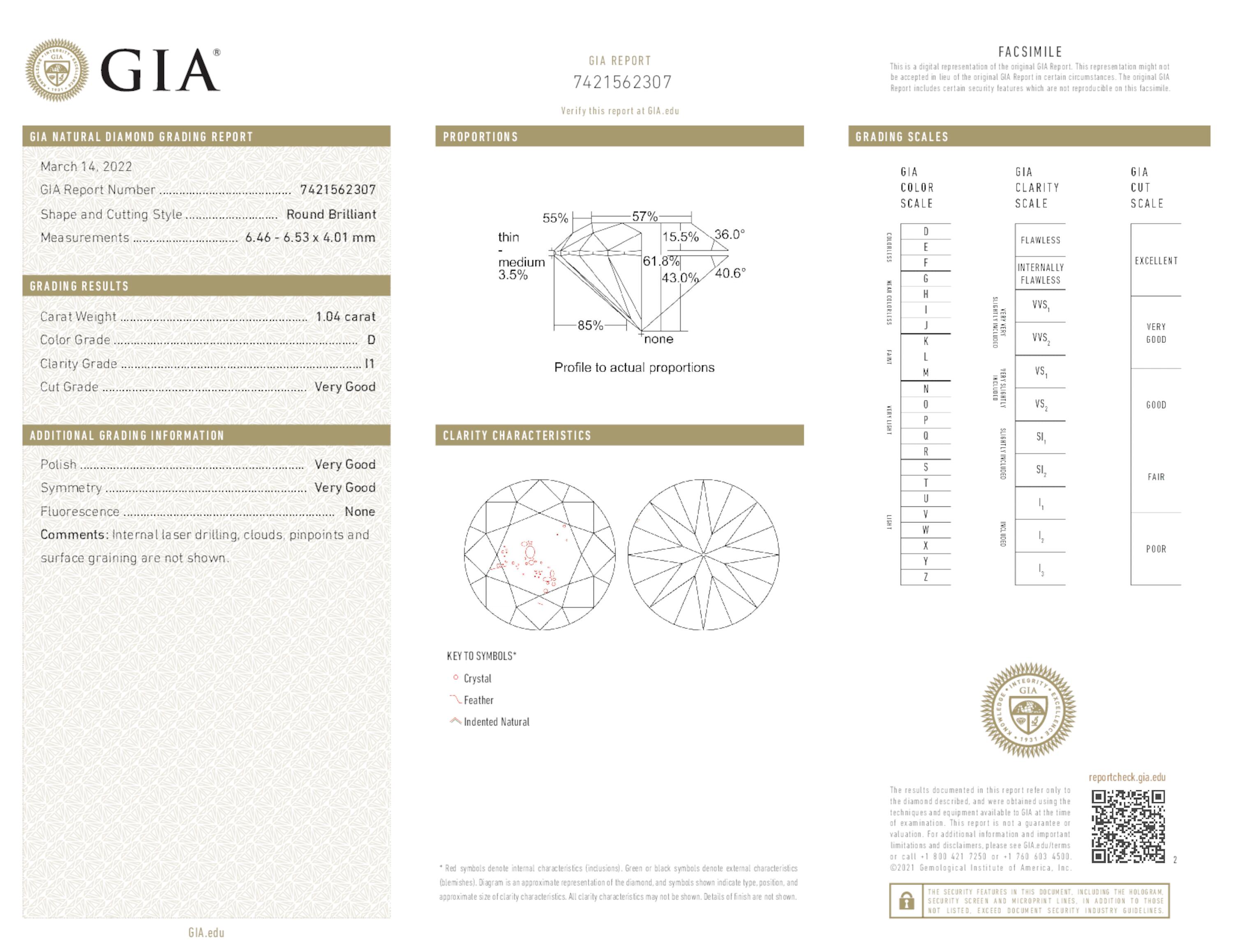 1.04 ct. Round Brilliant Diamond D I1 VG None GIA