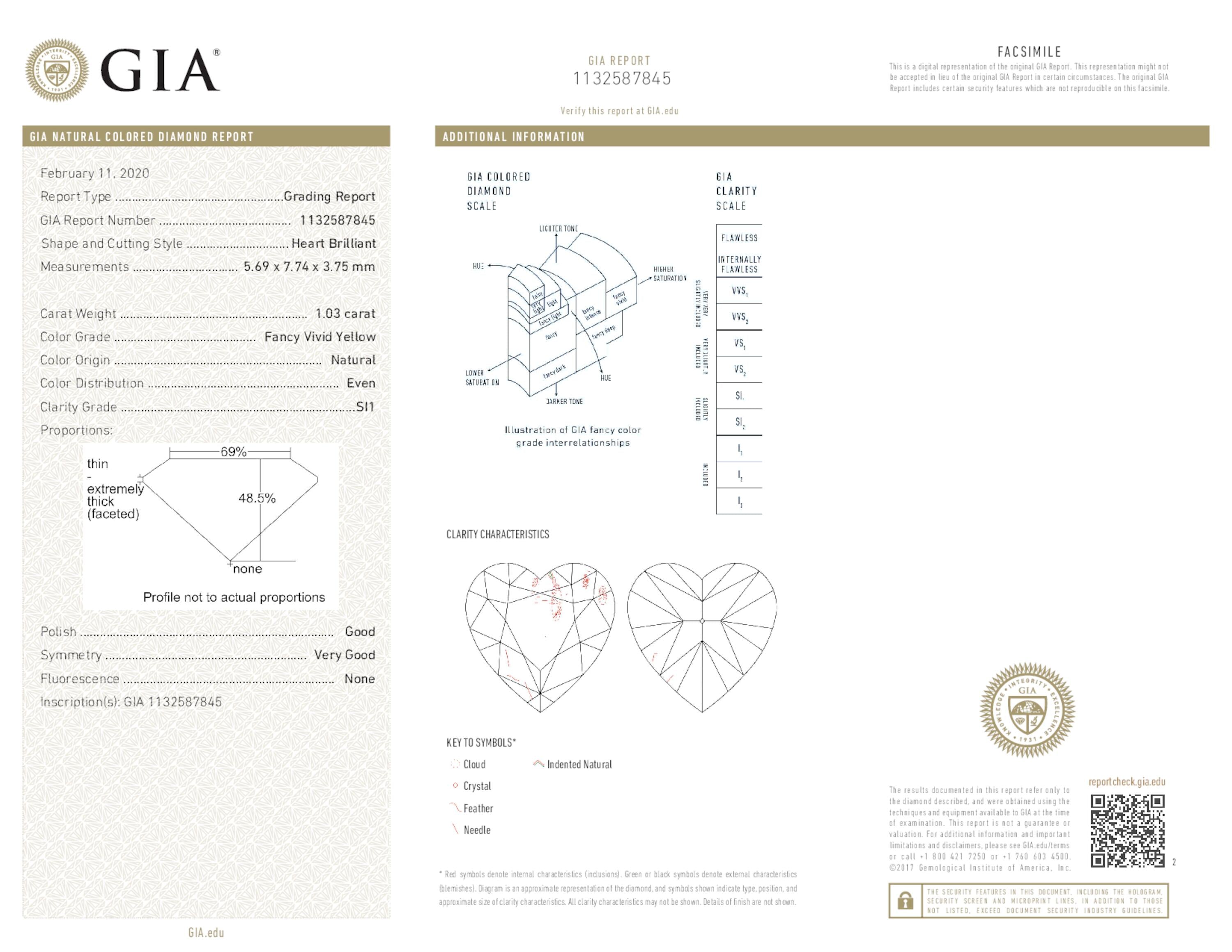 1.03 ct. Heart Shape Vivid Yellow SI1 None GIA