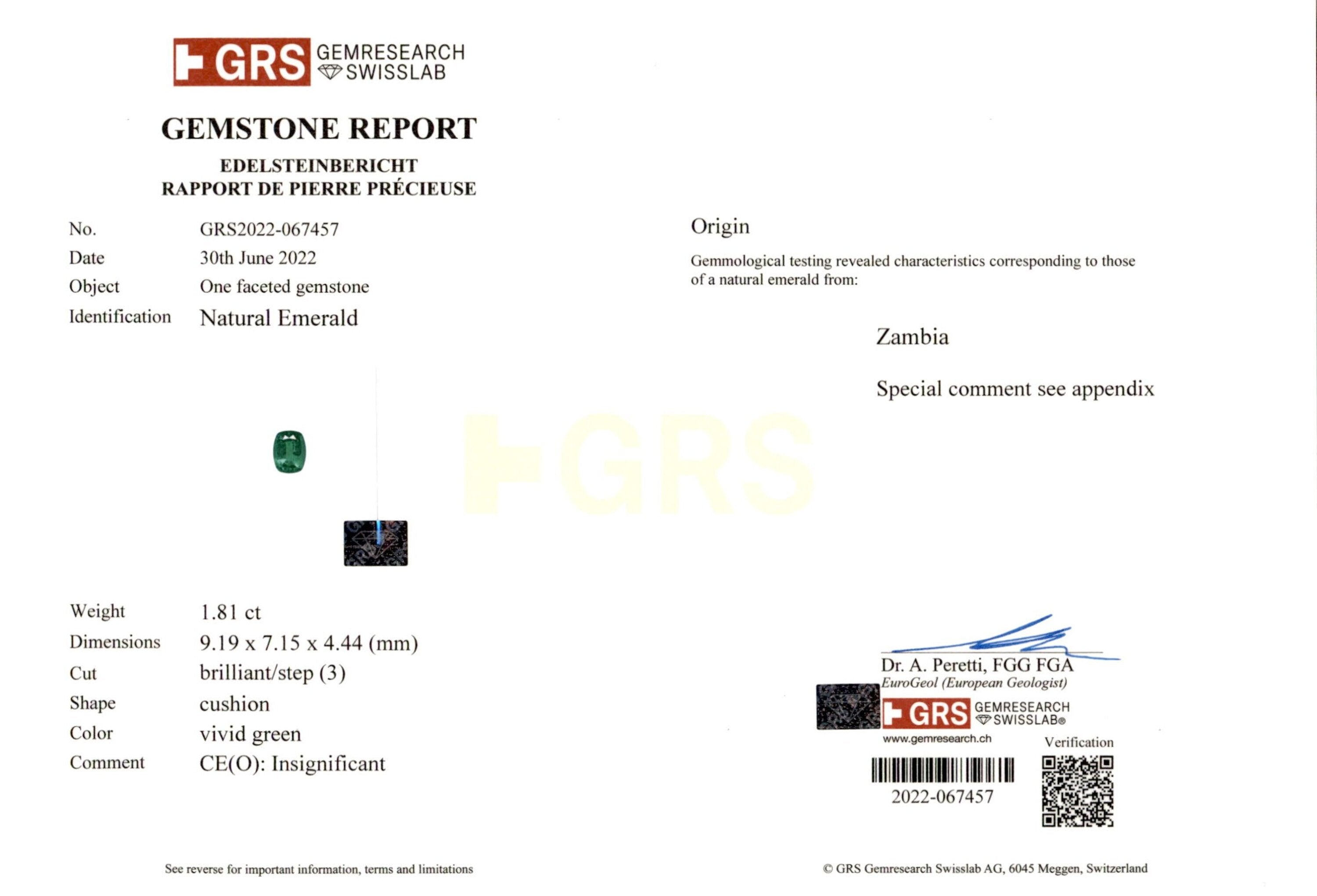 1.81 ct. Cushion Emerald GRS Insignificant