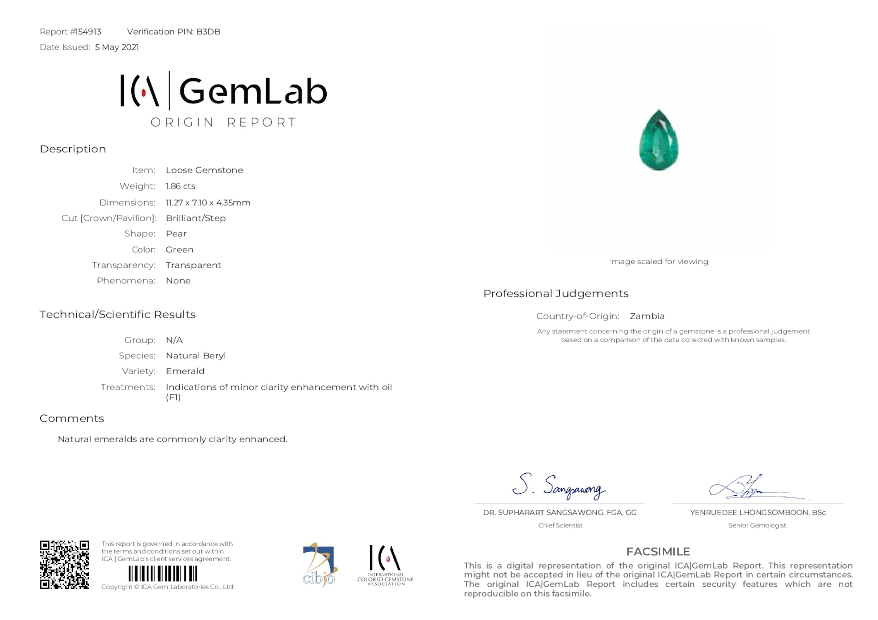 1.86 ct. Pear Shape Emerald ICA Minor