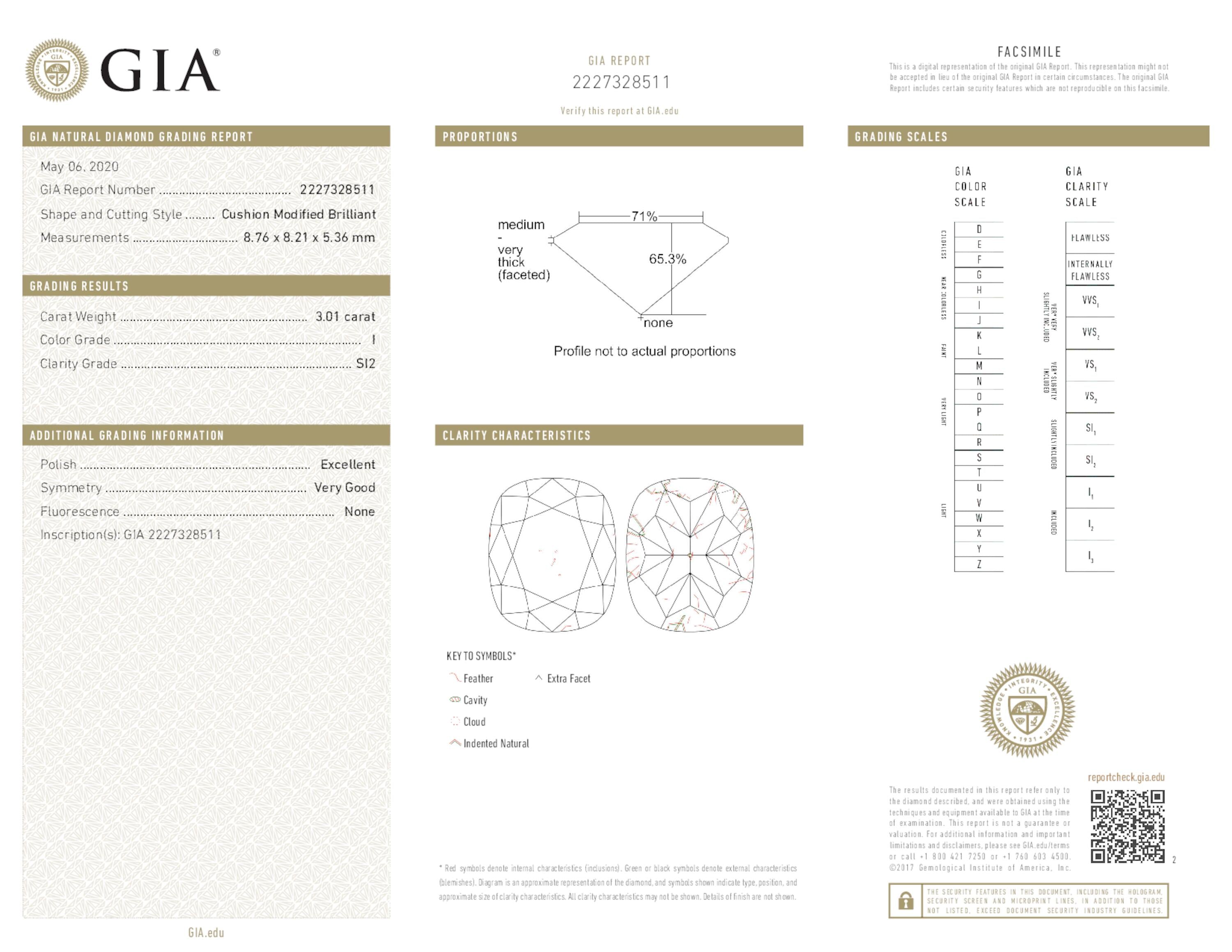 3.01 ct. Cushion Diamond I SI2 None GIA