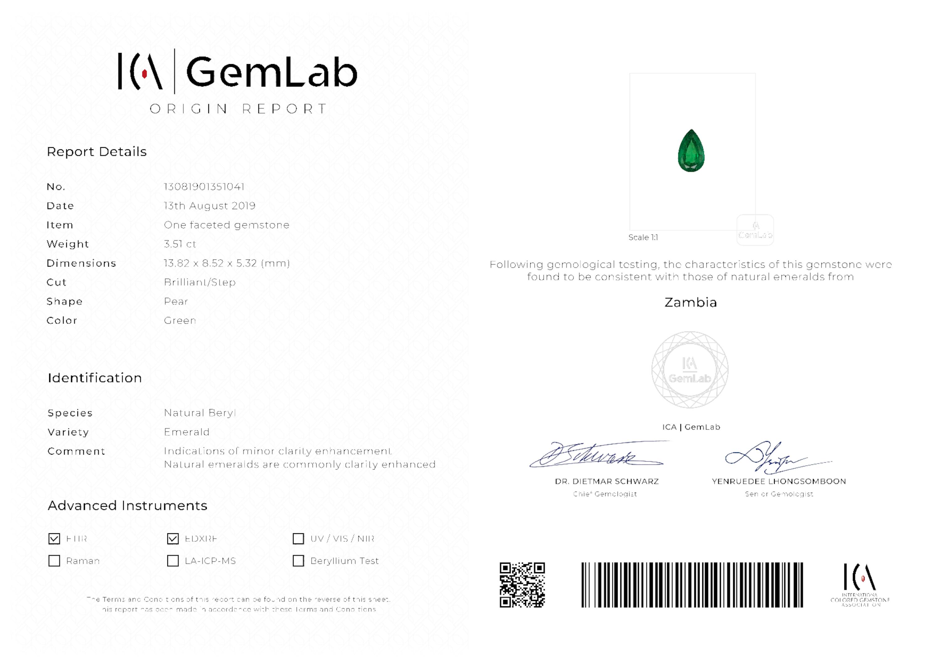 3.51 ct. Pear Shape Emerald ICA Minor