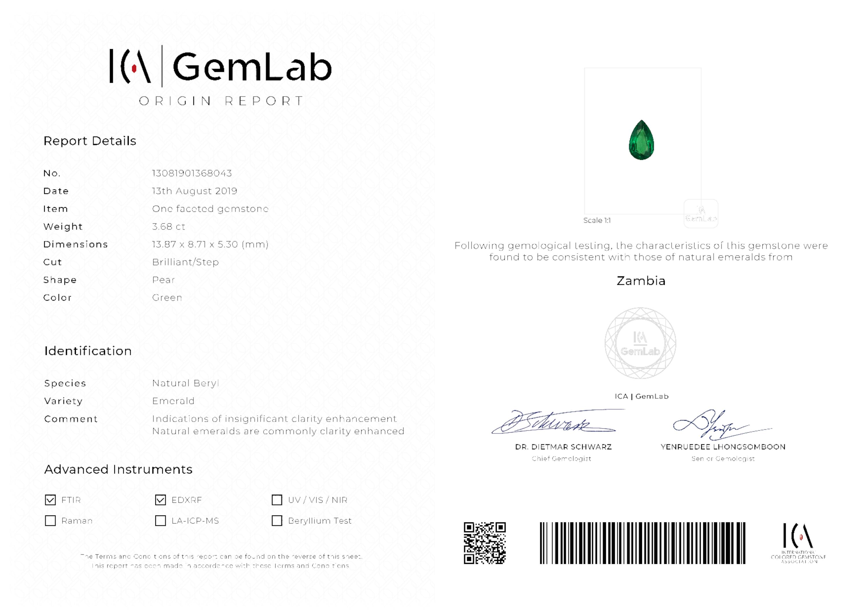 3.68 ct. Pear Shape Emerald ICA Insignificant