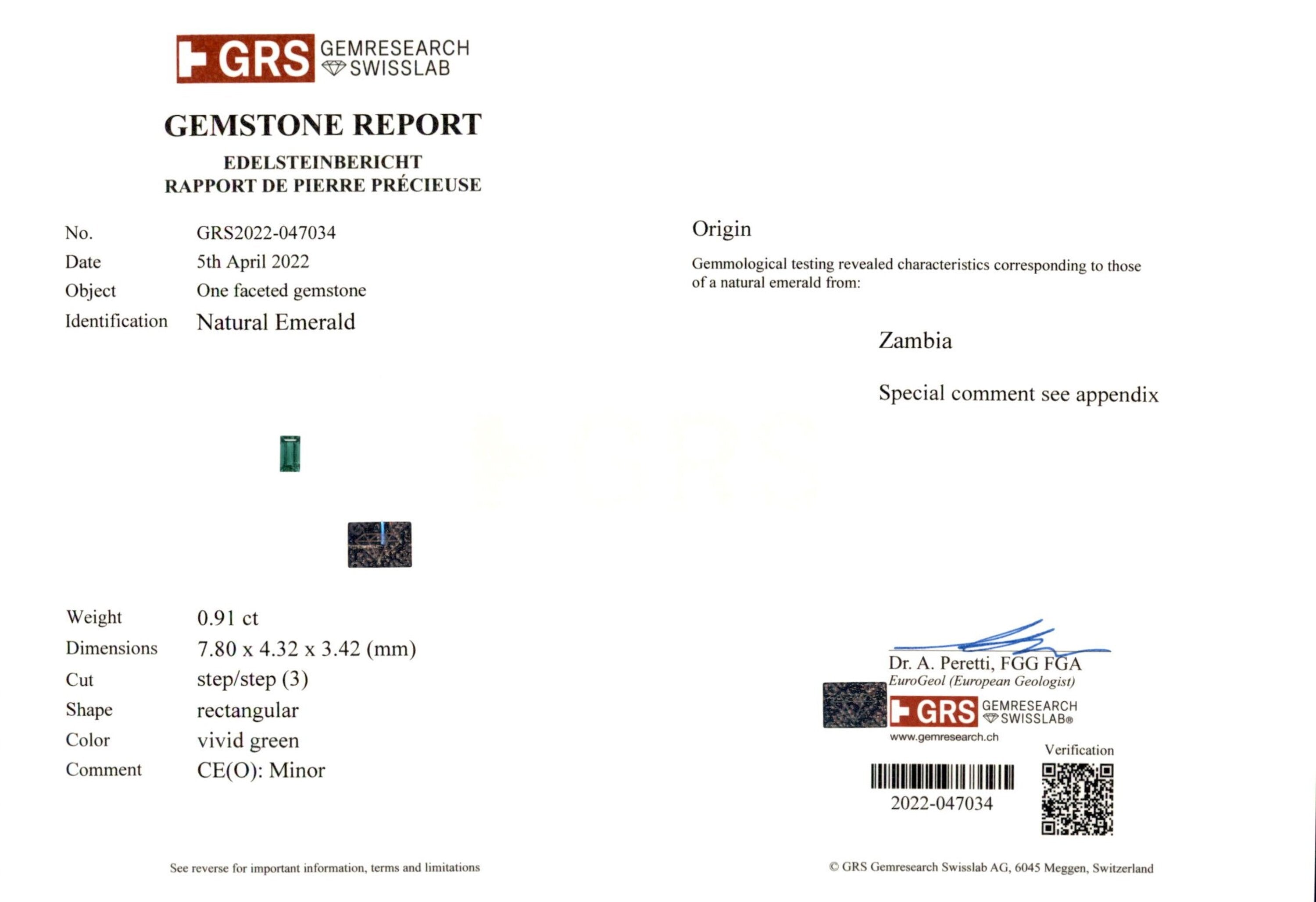 0.91 ct. Baguette Emerald GRS Minor