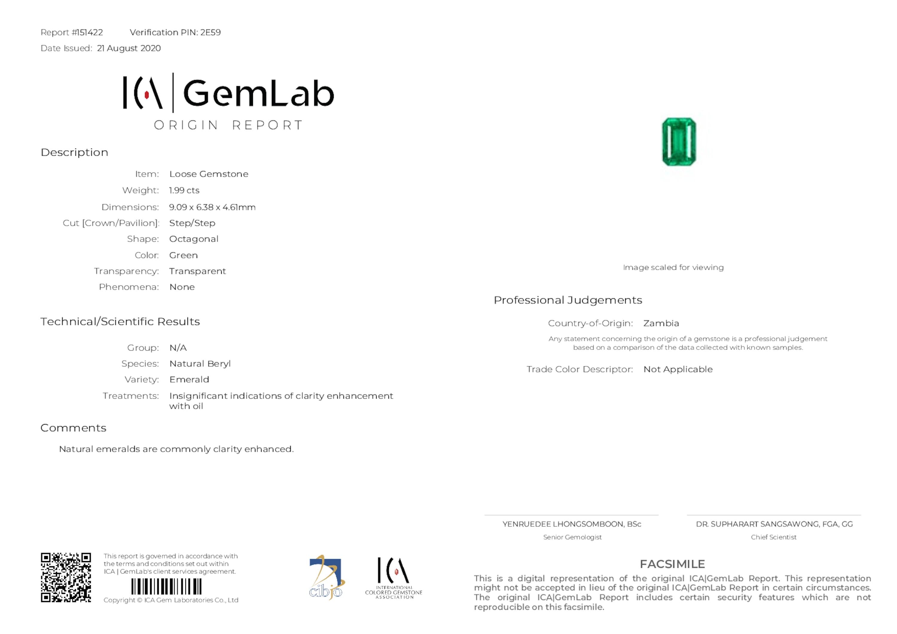 1.99 ct. Emerald ICA Insignificant to Minor
