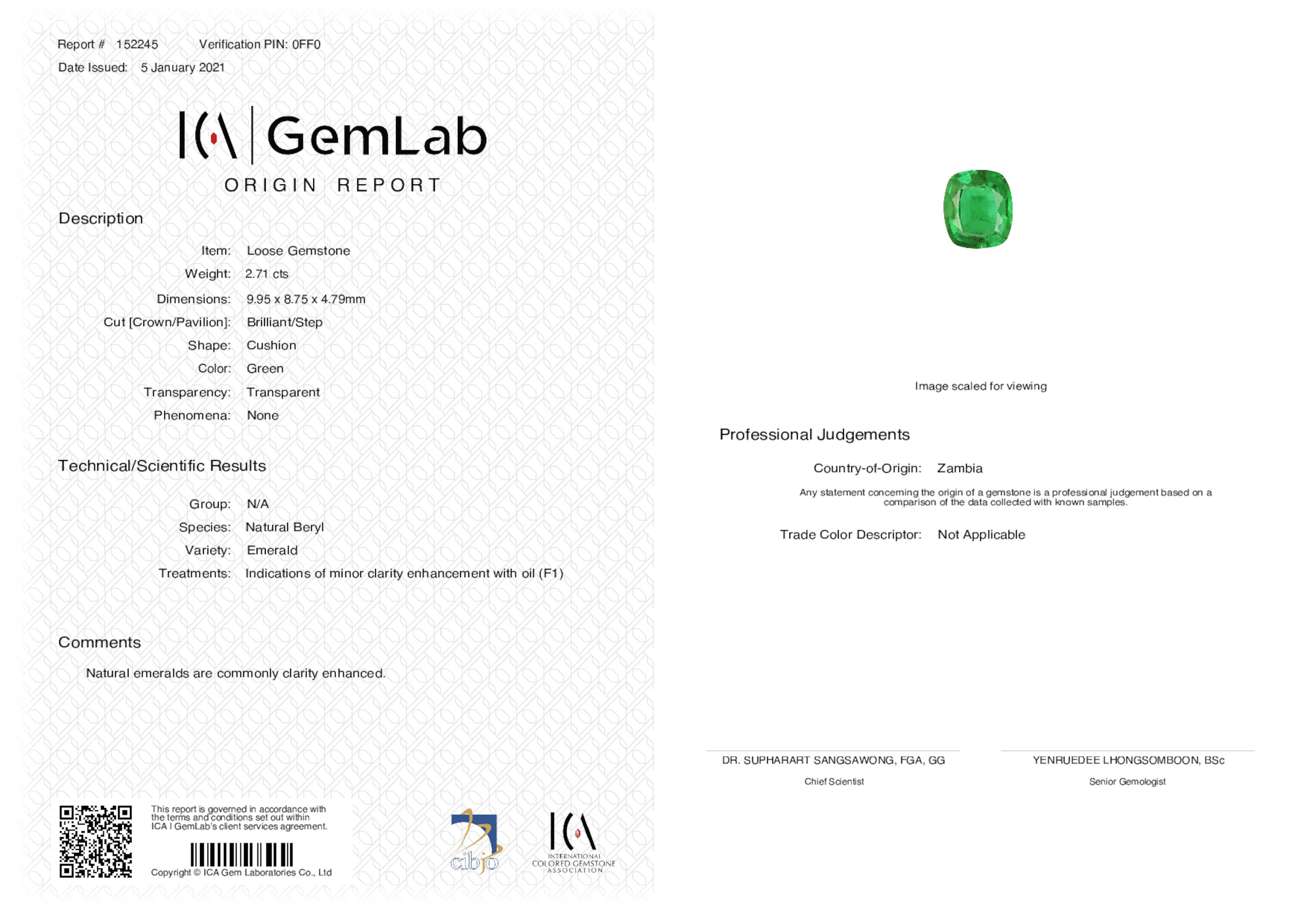 2.71 ct. Cushion Emerald ICA Minor