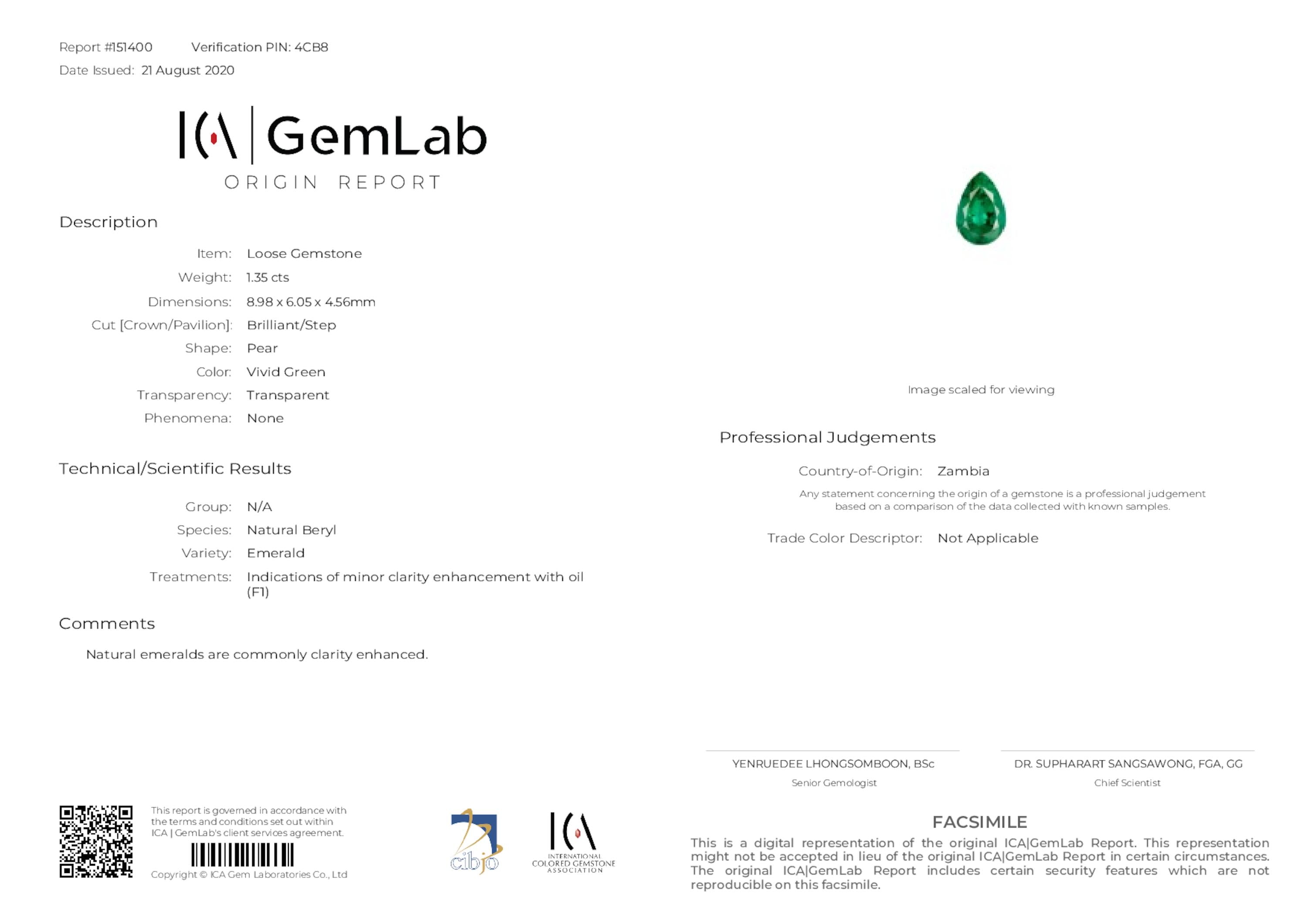1.35 ct. Pear Shape Emerald ICA Minor