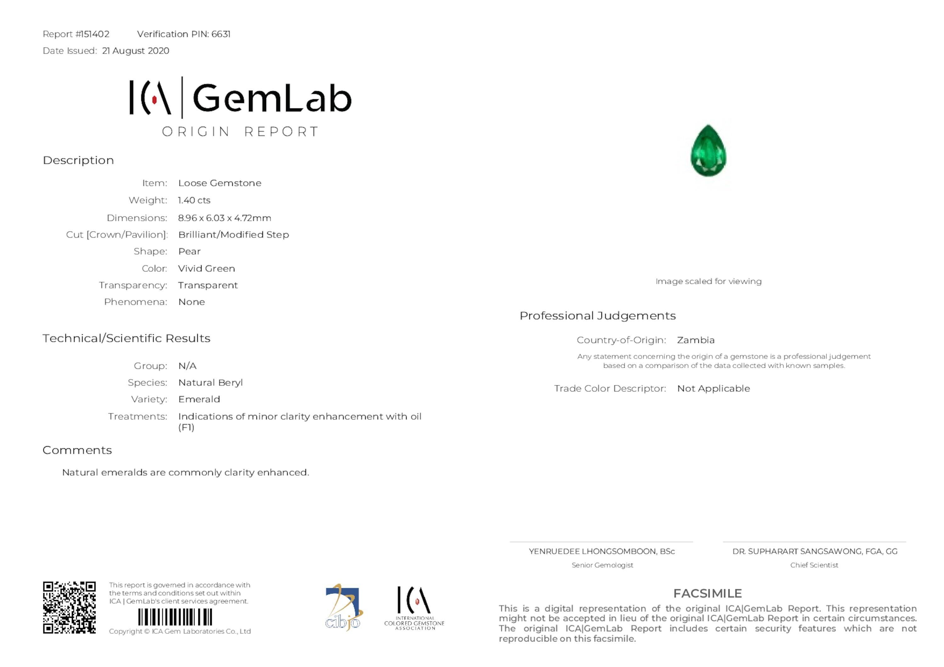 1.40 ct. Pear Shape Emerald ICA Minor