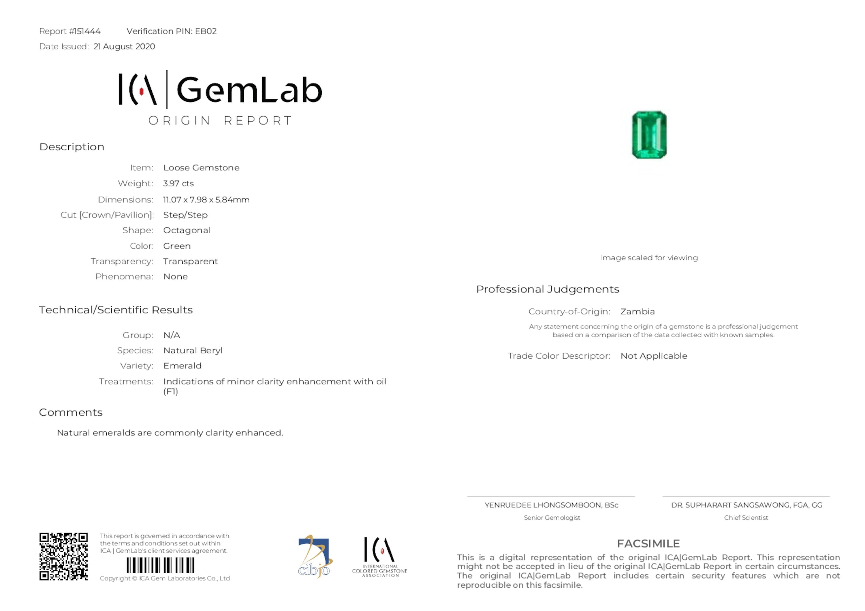 3.97 ct. Emerald ICA Minor
