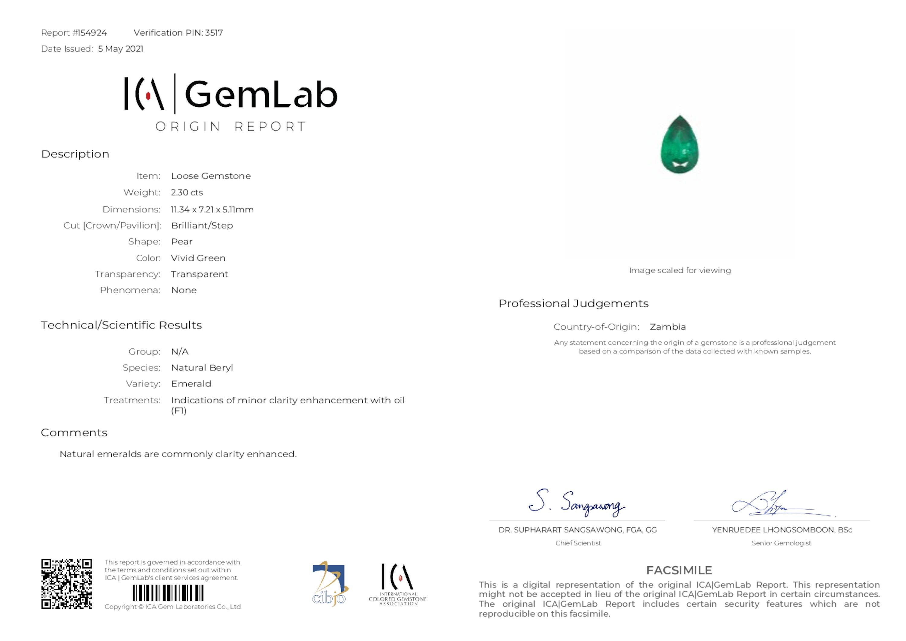 2.30 ct. Pear Shape Emerald ICA Minor