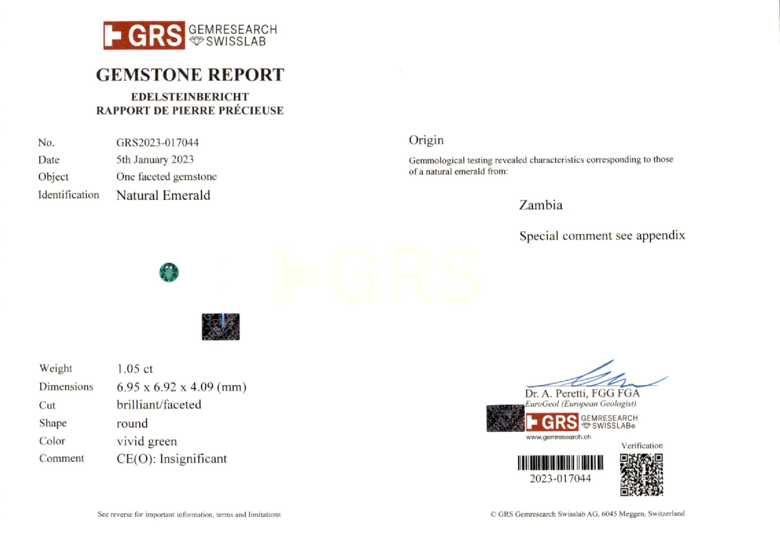 1.05 ct. Round Brilliant Emerald GRS Insignificant