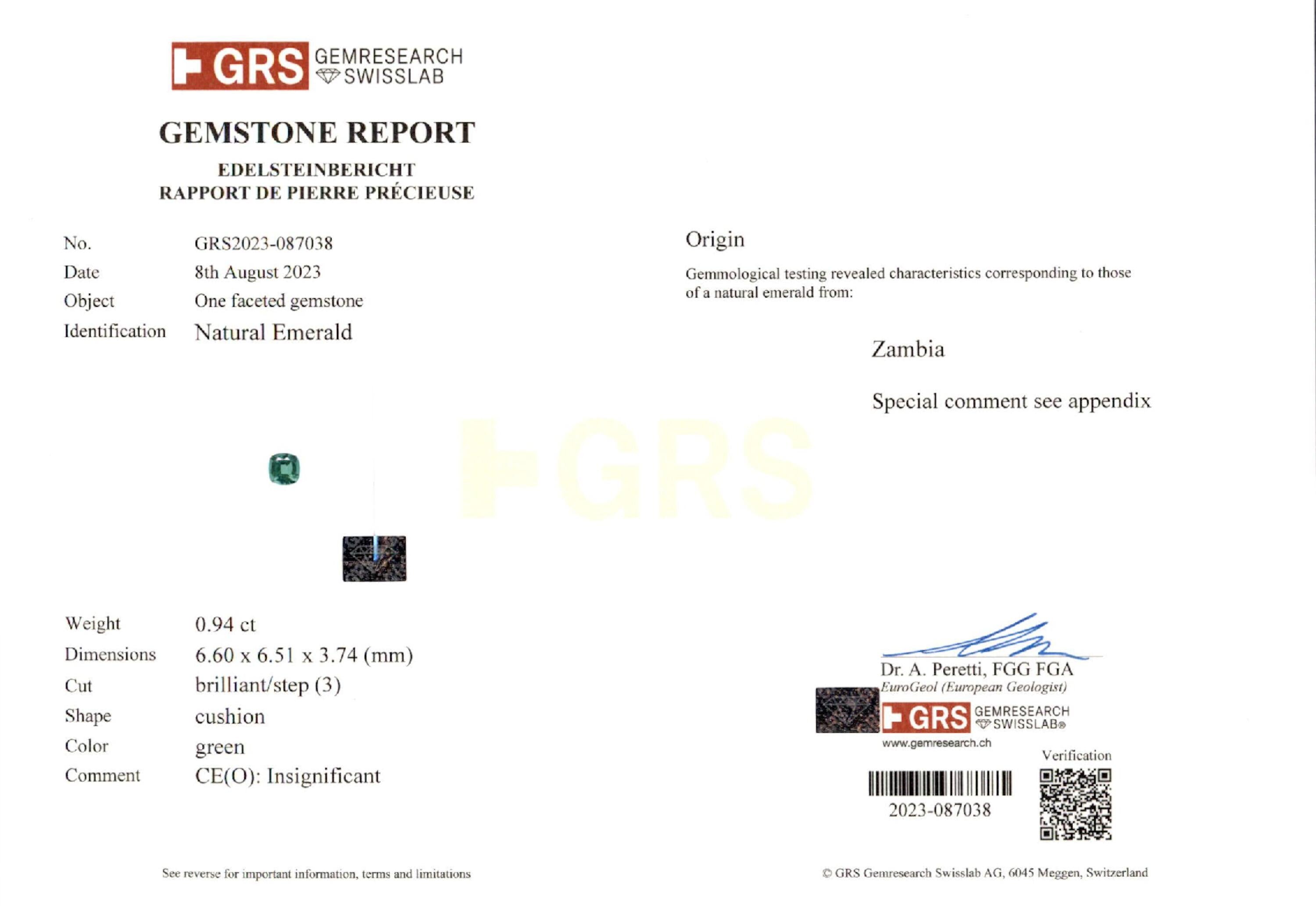0.94 ct. Cushion Emerald GRS Insignificant